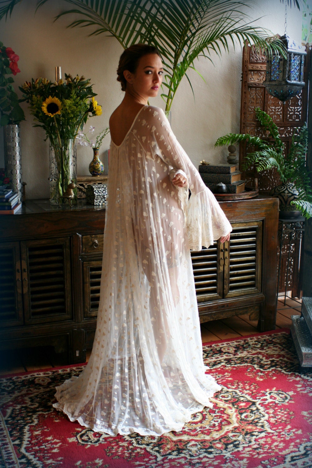 Ivory Lace Bridal Nightgown Full Swing Poets Ruffled Lingerie French Lace Wedding Lingerie Bridal Sleepwear Wedding Lingerie Ivory Lace Gown