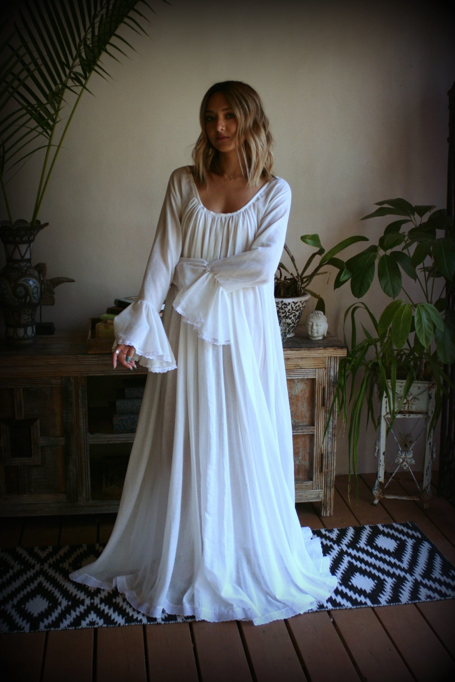 White Cotton And Prints Long Sleeve Nightgown Jane Austen Cotton Nightgown Cotton Lingerie White Cotton Sleepwear Cotton Gown