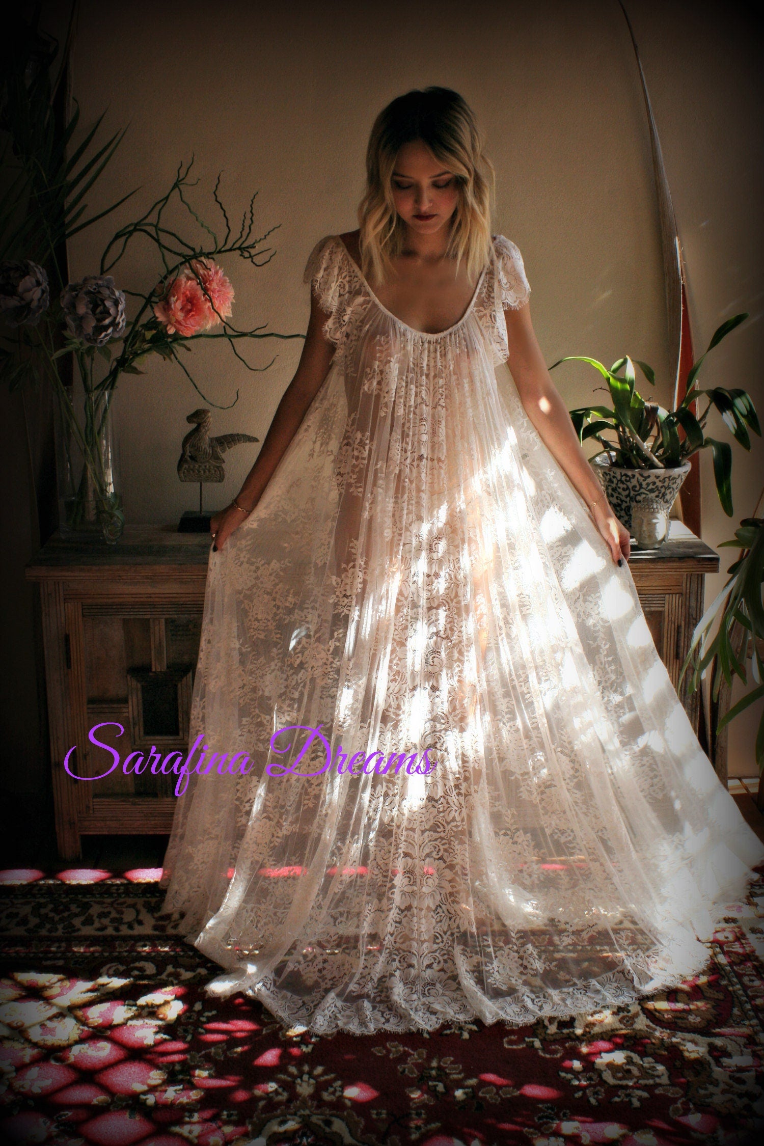 Bridal Lace Nightgown Wedding Sleepwear Full Sweep Bridal Lingerie  Off White Lace Lingerie Lace Lingerie Honeymoon Lingerie