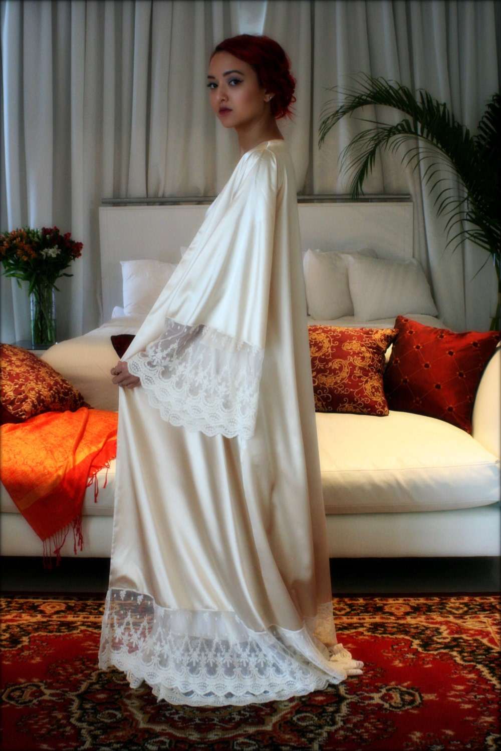 Fiona Champagne Satin Bridal Wedding Robe Bridal Lingerie Wedding Sleepwear Embroidered French Lace Robe Art Deco Luxury Lingerie