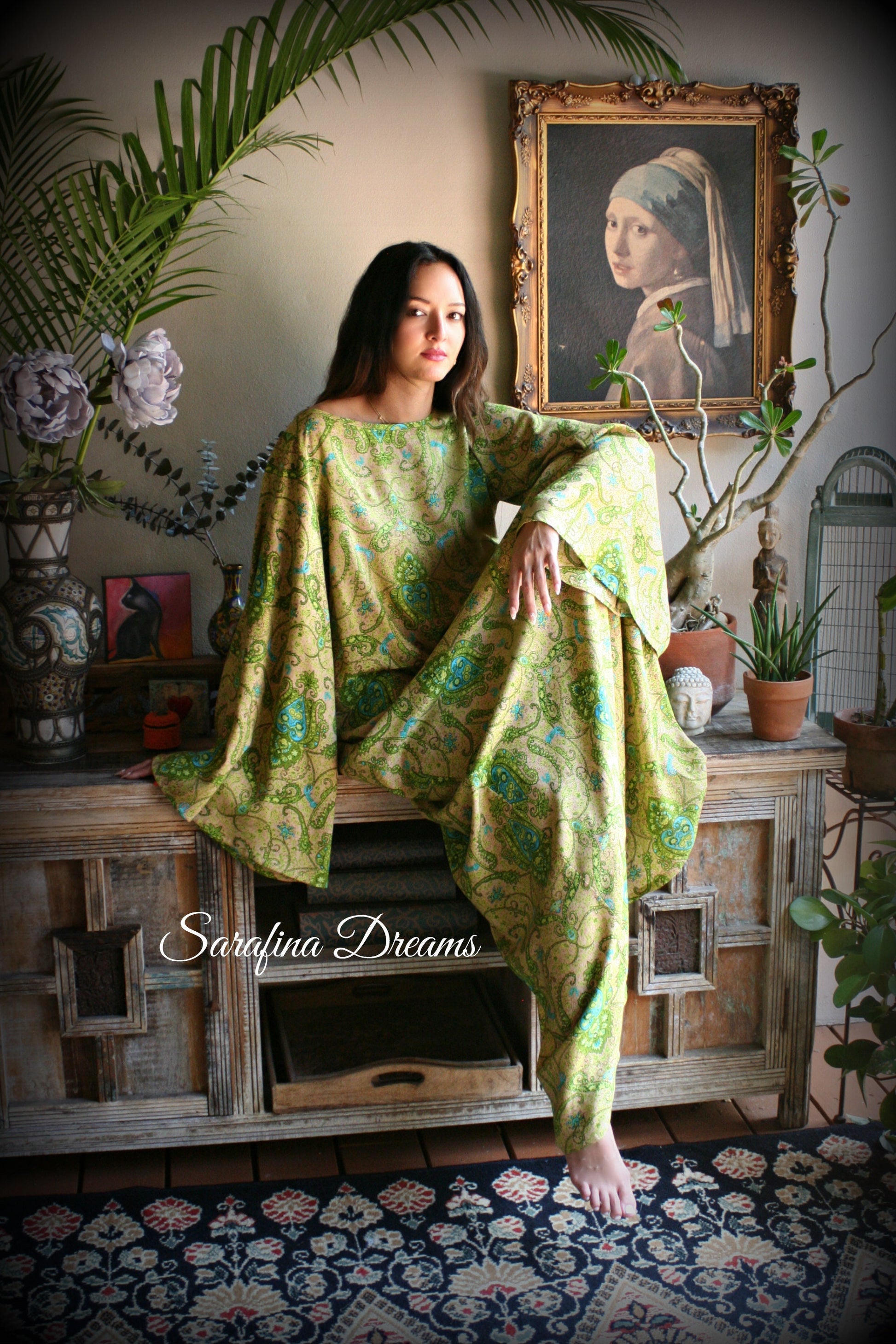 Rayon Nightgown Green Bohemian Print Caftan Sleepwear Backless Dress Nightgown Bridal Nightgown Lingerie Bridal Lingerie