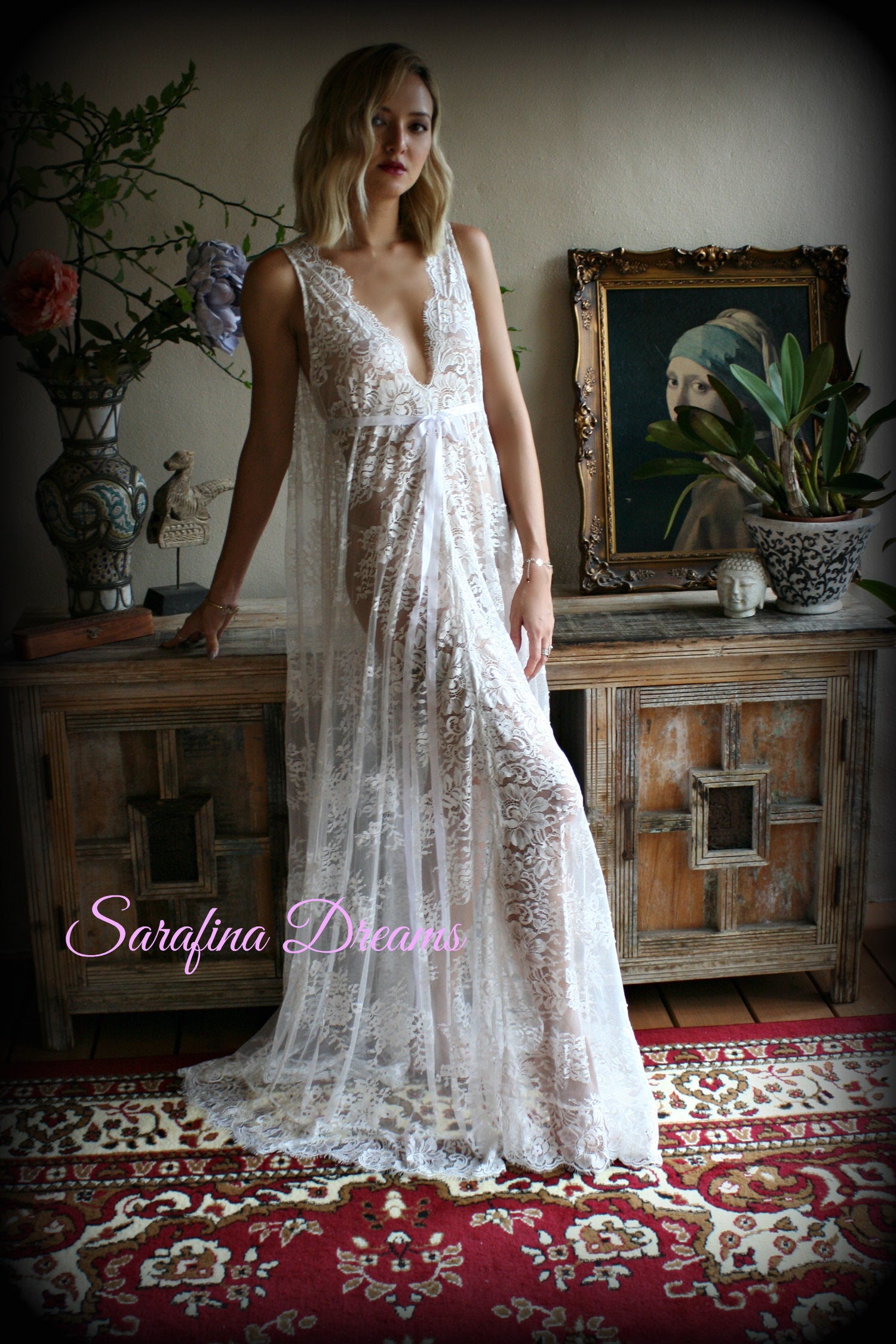Bridal Lace Backless Nightgown Wedding Sleepwear Bridal Lingerie  Off White Lace Lingerie Lace Sleepwear Honeymoon Lingerie
