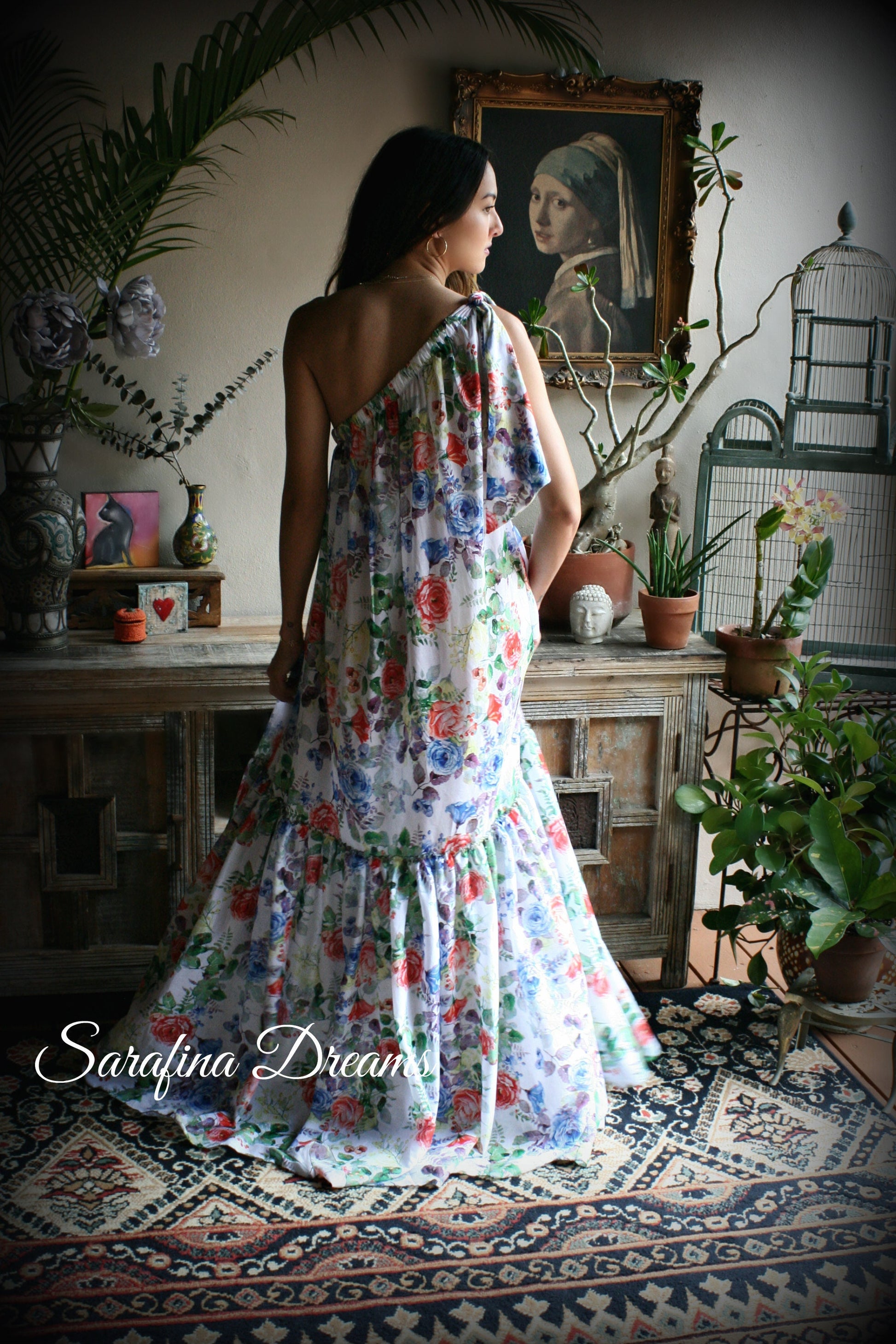 100% Cotton Flower Print One Shoulder Dress Nightgown Sleepwear Honeymoon Cruise Dress Holiday Dress Lingerie