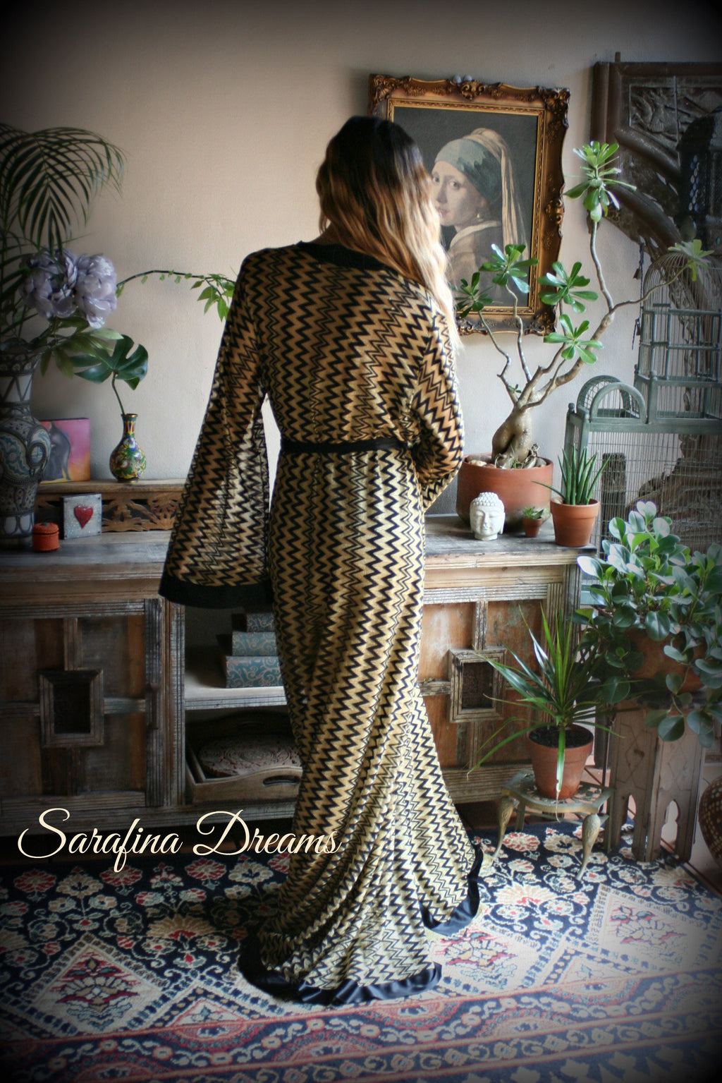 Black Gold Metallic Kimono Robe Black Satin Banded Missoni Style Knit Wrap Lingerie Robe Sleepwear