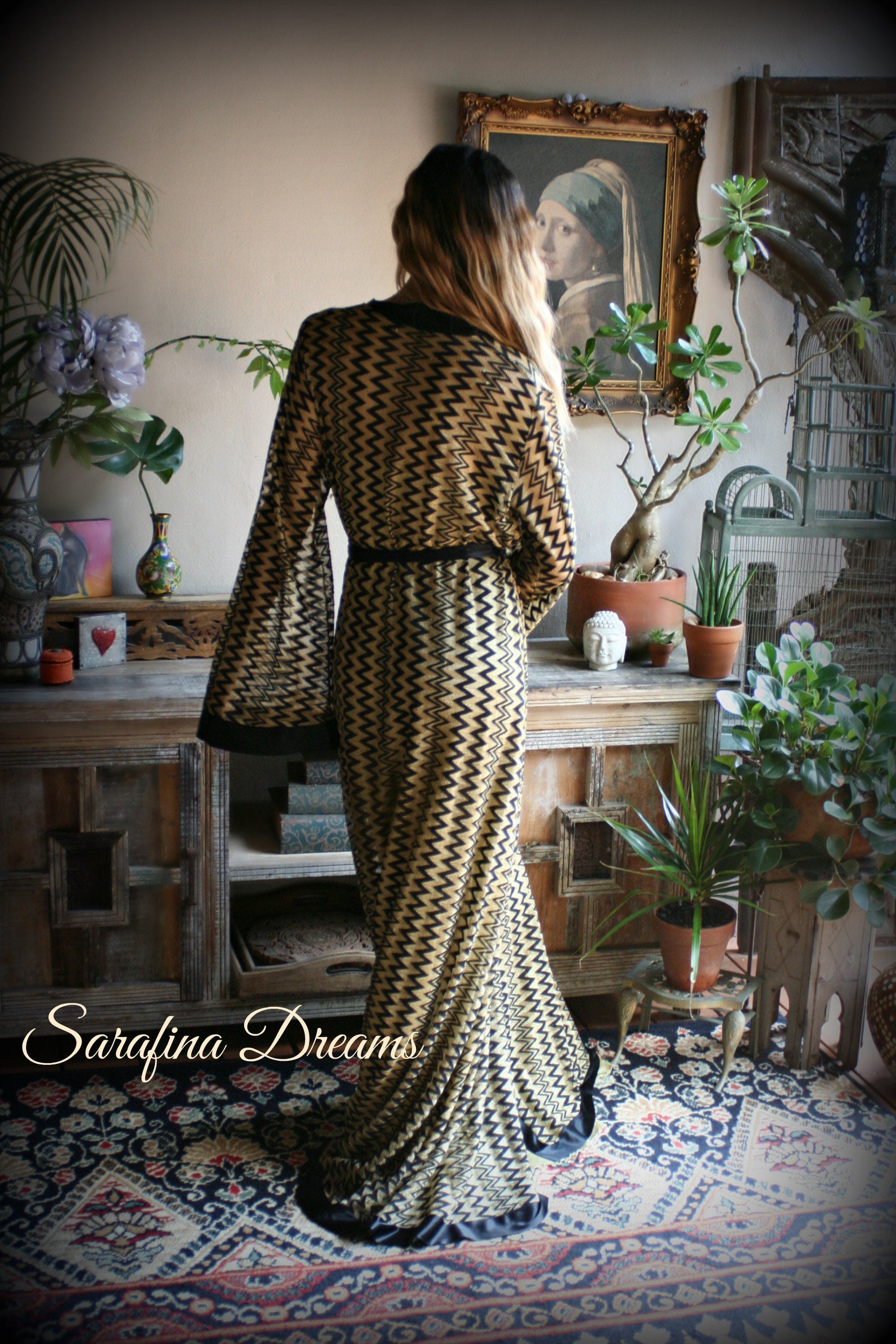 Black Gold Metallic Kimono Robe Black Satin Banded Missoni Style Knit Wrap Lingerie Robe Sleepwear