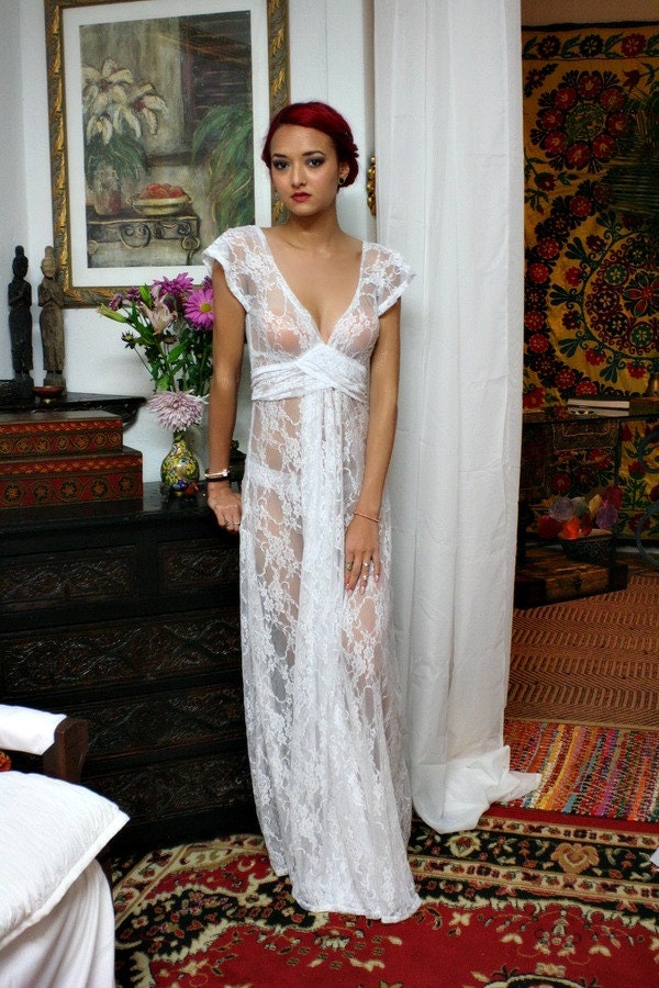 White Lace Bridal Nightgown Full Sweep Capelet Sleeve Wedding Lingerie Sleepwear Bridal Lingerie Lace Nightgown Lace Lingerie