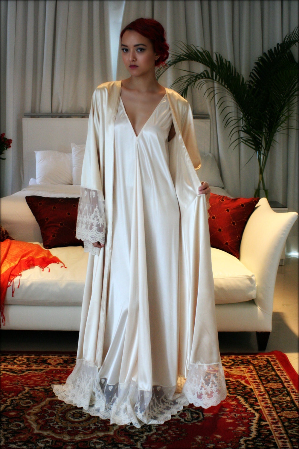 Bridal Nightgown Satin Wedding Lingerie Champagne French Lace Sleepwear  Backless Nightgown Bridal Lingerie Satin Nightgown  Sarafina Prima