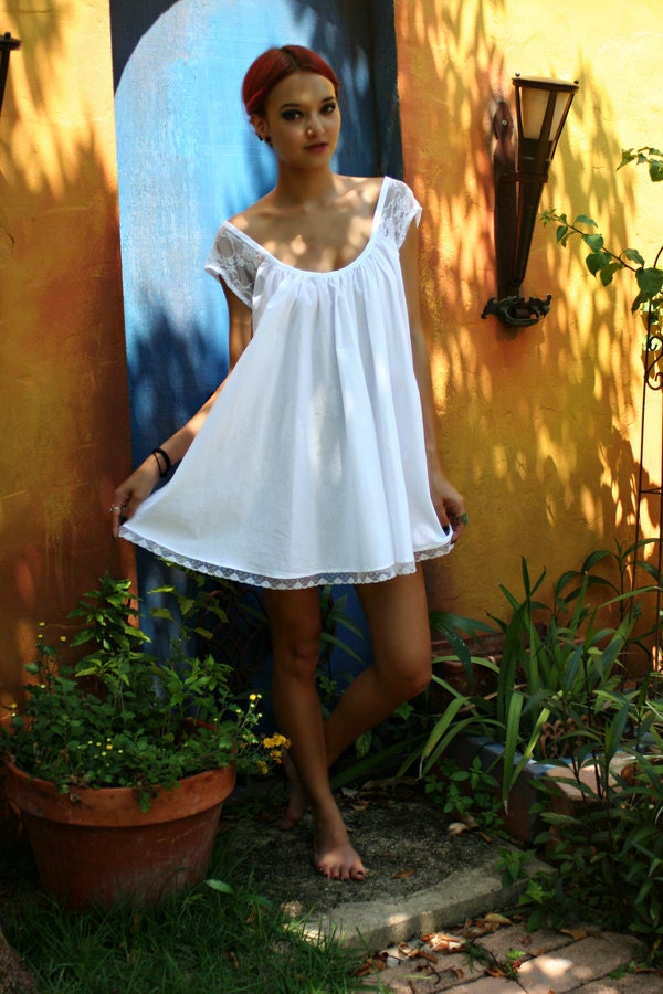 White Cotton Baby Doll Nightgown Shabby Chic Full Swing Lace Cap Sleeve Summer Lingerie Sleepwear Bridal Honeymoon Trousseau Holiday Cruise