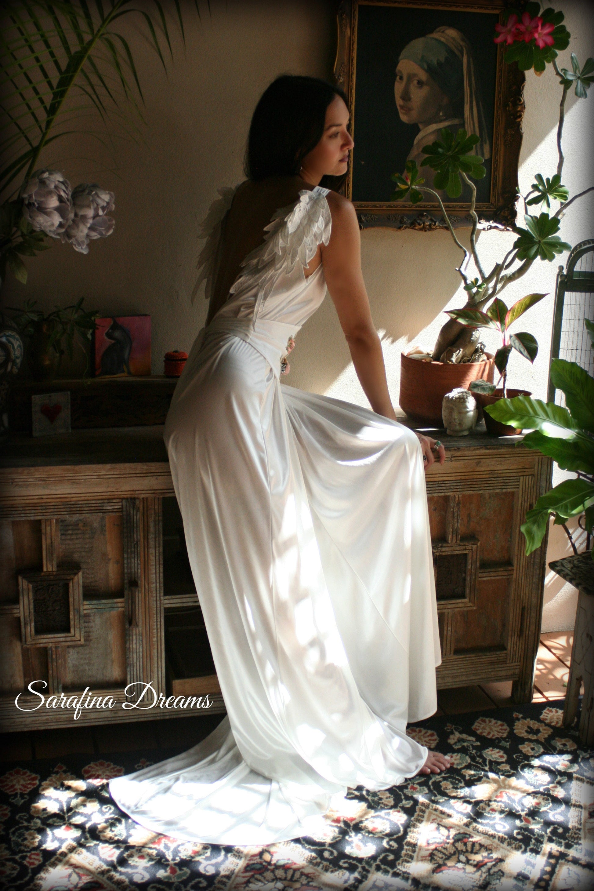 White Satin Bridal Nightgown Angel Wings Nightgown Backless Bridal Lingerie Wedding Nightgown Satin Sleepwear