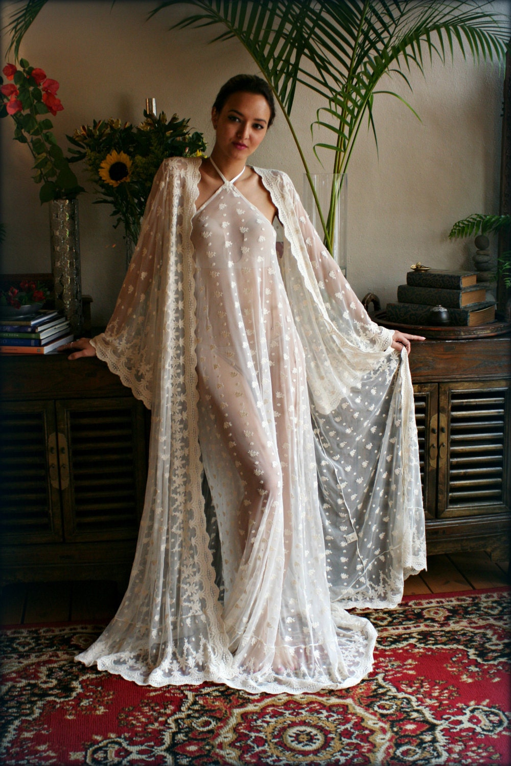 Bridal Robe Embroidered French Lace Wrap Robe Angel Sleeve Wedding Lingerie Bridal Sleepwear Ivory Lace Dressing Gown
