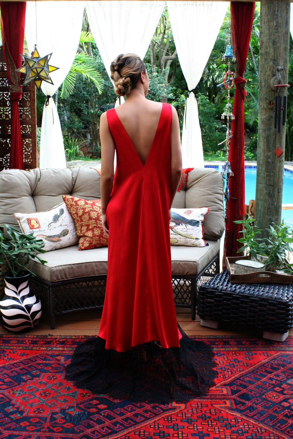 Lipstick Red Satin Nightgown Black Lace Trim Red Lingerie Red Sleepwear