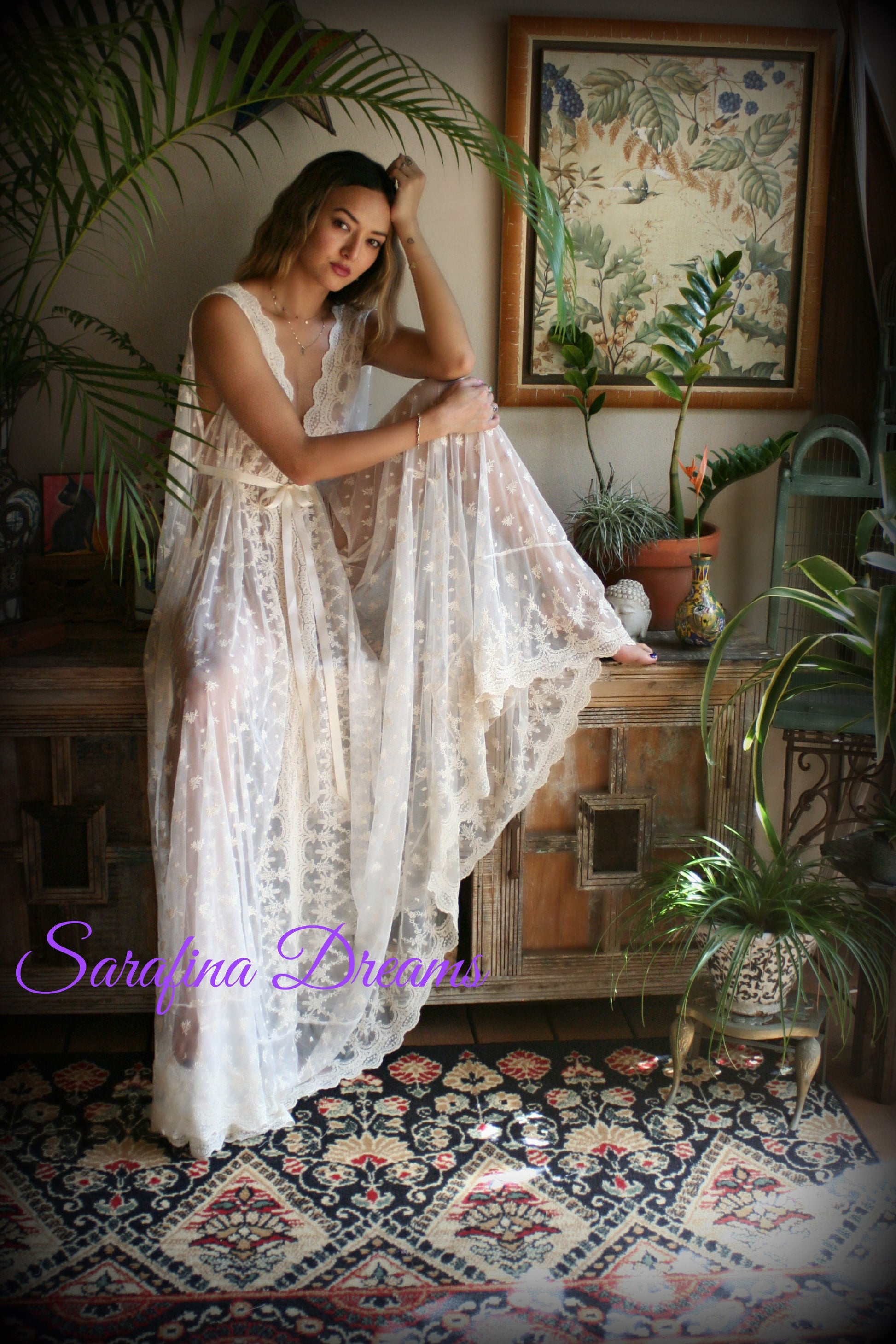 Embroidered Ivory Lace Backless Nightgown Bridal Lingerie Lace Sleepwear Nightgown Bridal Nightgown Wedding Sleepwear Wedding Lingerie