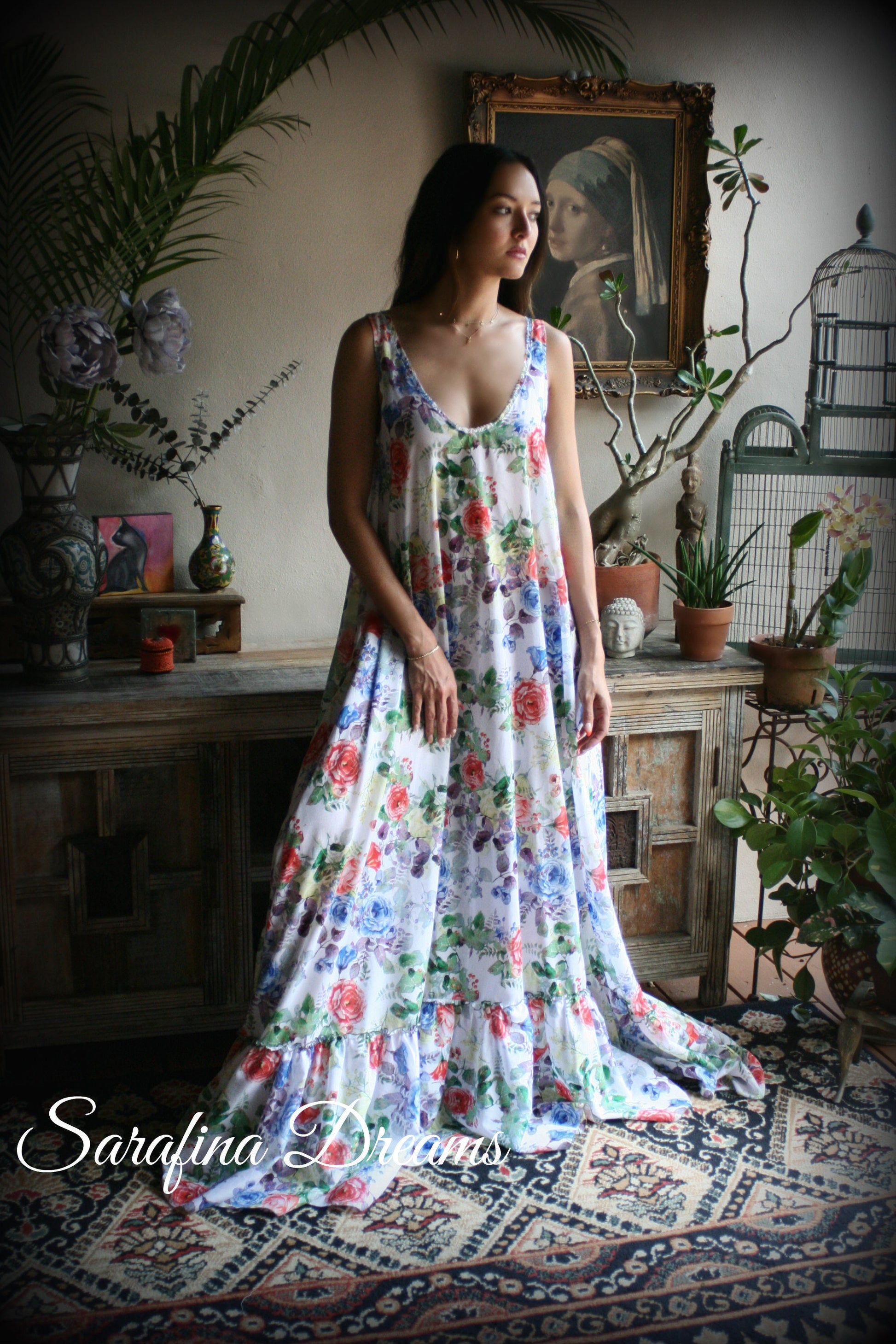 100% Cotton Nightgown Flower Print Ruffle Dress Bridal Nightgown Wedding  Sleepwear Honeymoon Cruise Dress Lingerie