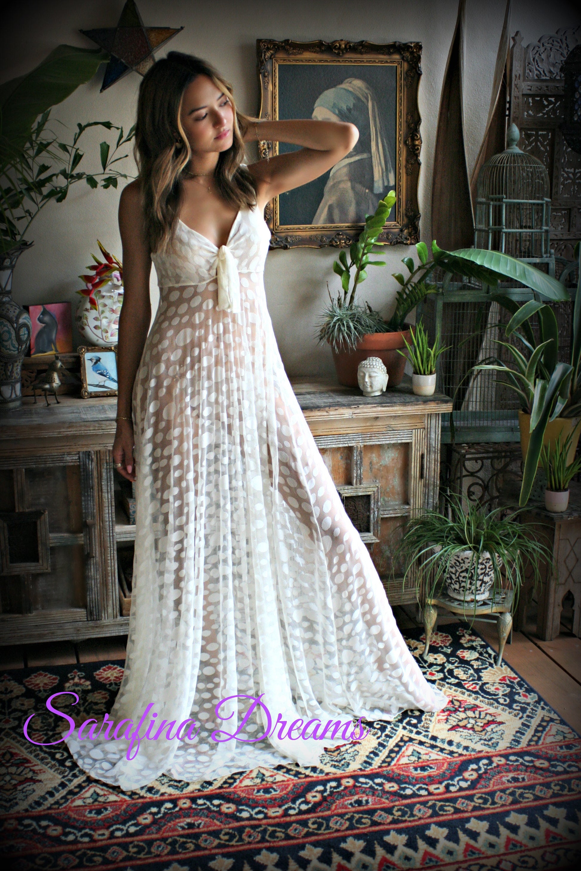 Bridal Lingerie  Ivory Lace Nightgown Tie Front Waterfall Gown Wedding Sleepwear Honeymoon  Ivory Lace  Wedding Lingerie