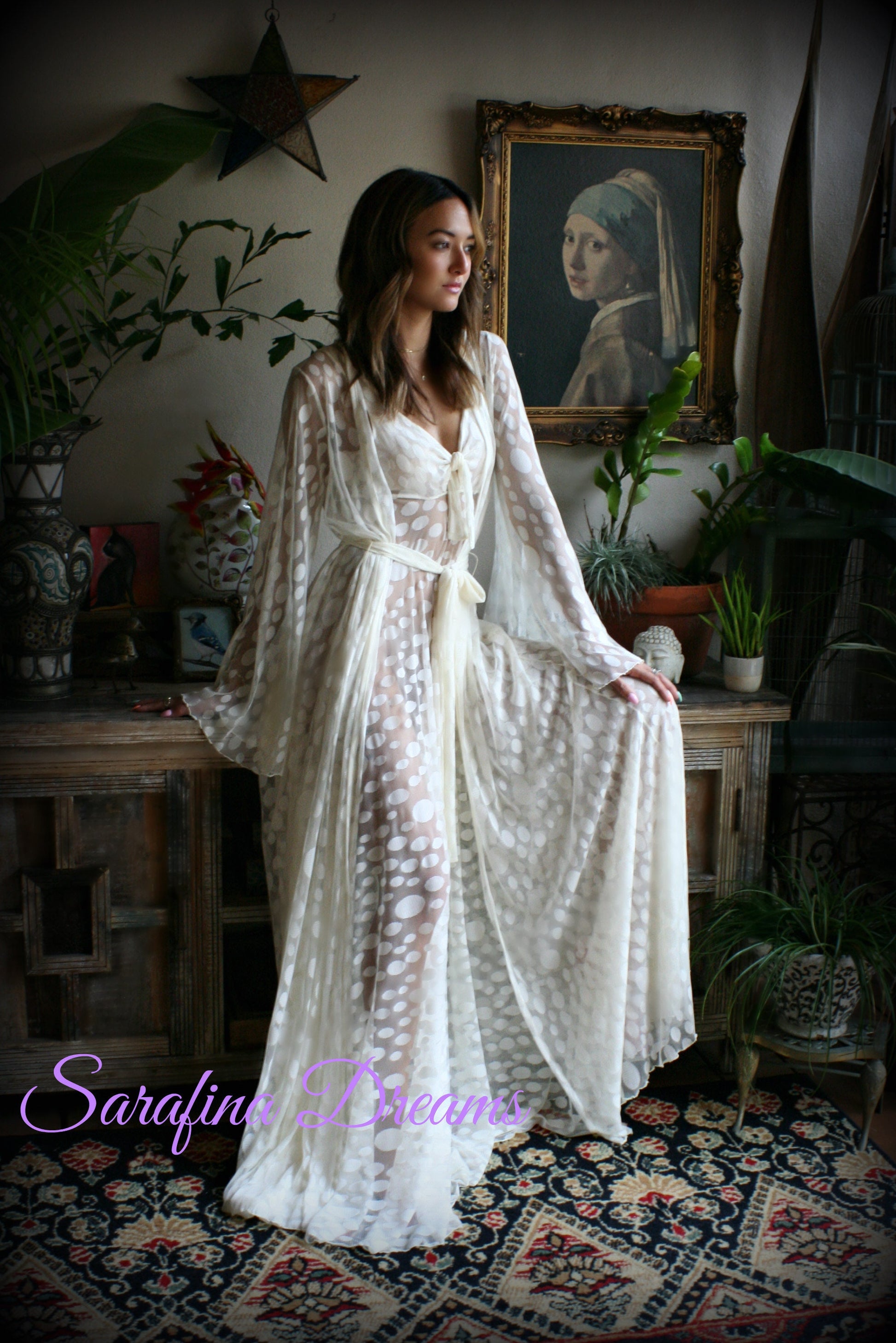 Ivory Lace Bridal Robe Wedding Lingerie Mesh Lace Bridal Lingerie Bridal Sleepwear Dotted Ivory Lace Wrap Robe Wedding Sleepwear