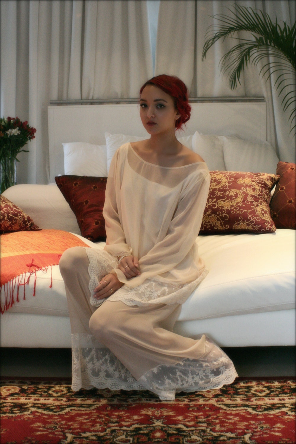 Silk Pajamas Champagne Chiffon Ella 3 Pc Set Bridal Lingerie Wedding Pajamas Wedding Sleepwear Versailles French Lace Lingerie Satin Cami