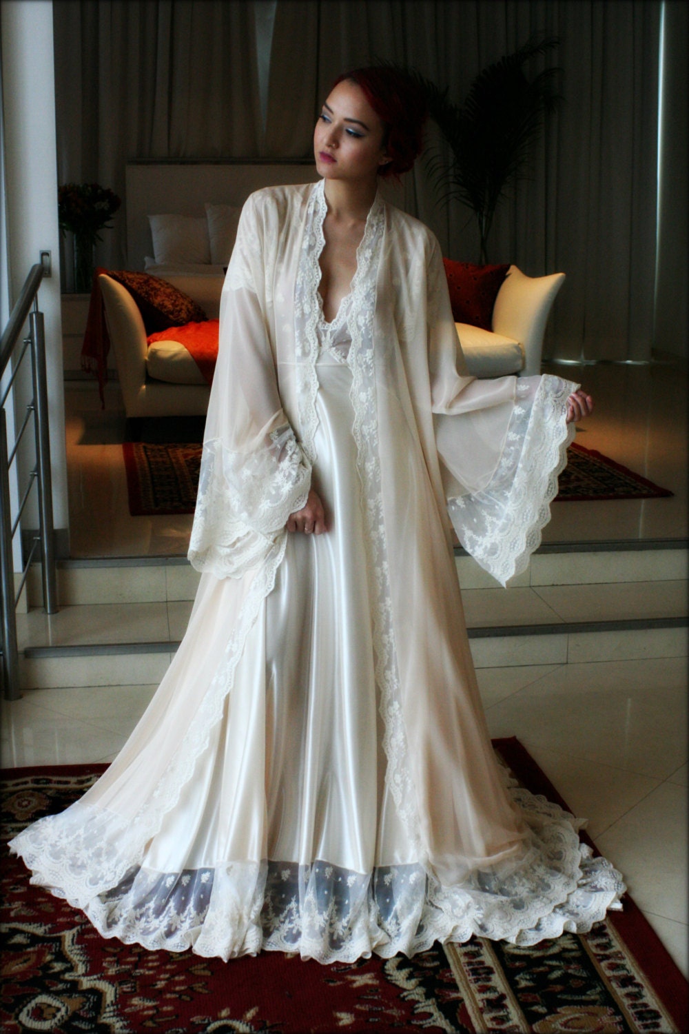 Bridal Silk Robe Champagne Chiffon Bridal Lingerie Wedding Robe Bridal Robe French Versailles Lace Bridal Sleepwear Wedding Sleepwear