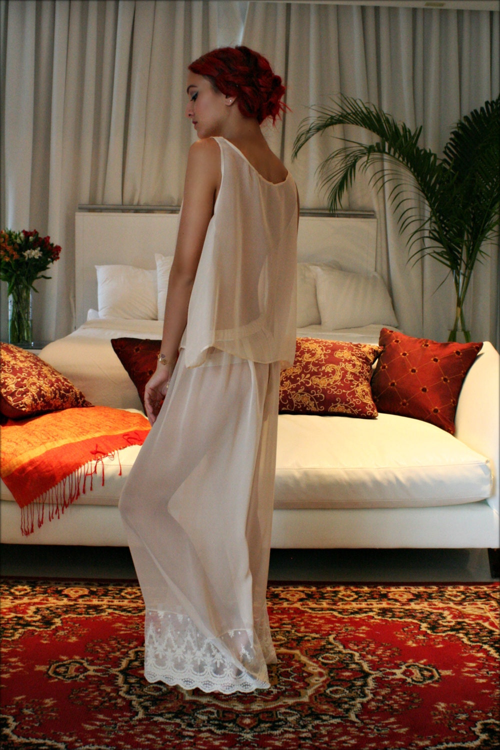 Silk Pajamas Champagne Chiffon Bridal Lingerie Versailles French Lace Wedding Lingerie Bridal Sleepwear Silk Sleepwear Silk Lingerie