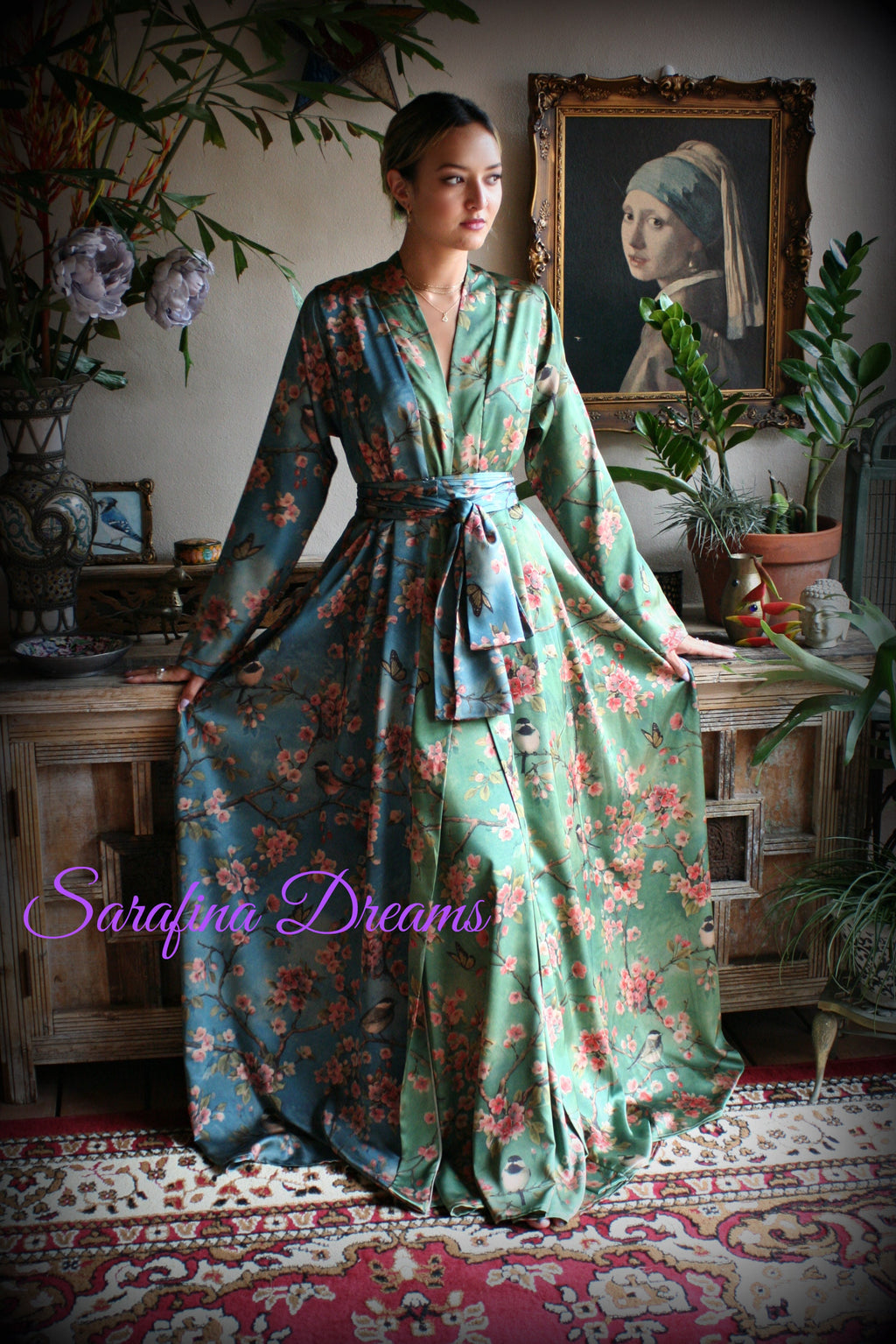 Satin Wrap Robe and Nightgown Set Bird Print Kimono Satin Lingerie Bridal Honeymoon Robe Green Blue Satin Robe Satin Bridal Lingerie SET