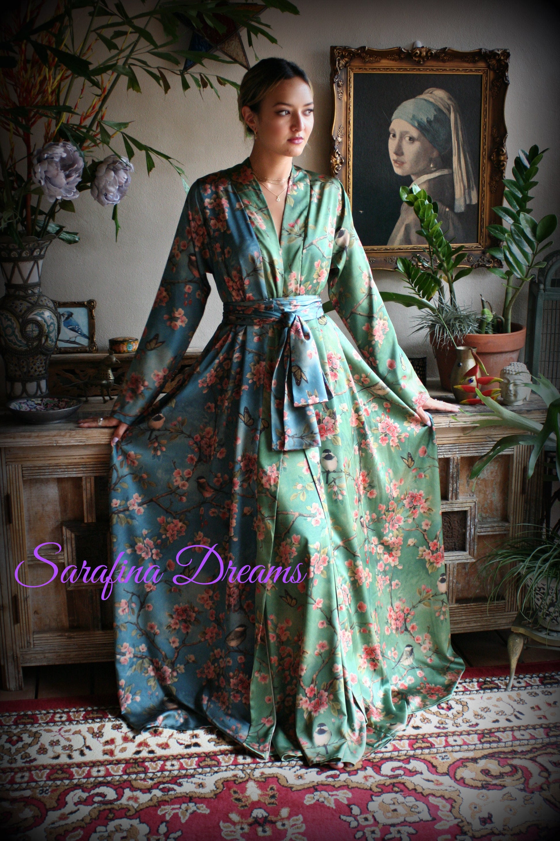 Satin Wrap Robe and Nightgown Set Bird Print Kimono Satin Lingerie Bridal Honeymoon Robe Green Blue Satin Robe Satin Bridal Lingerie SET