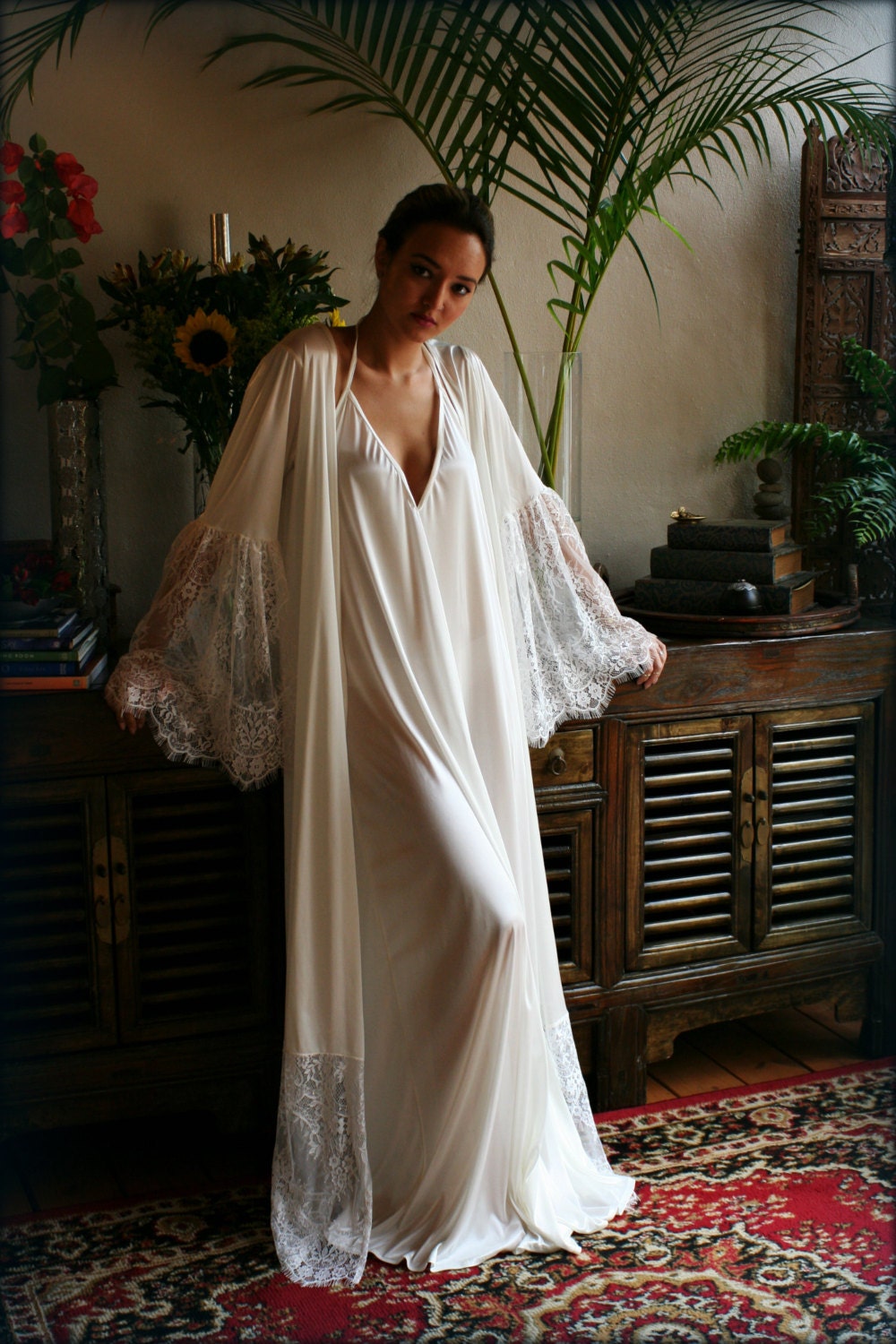 Satin Bridal Robe Lace Trimmed Angel Sleeve Wedding Sleepwear Bridal Lingerie Wedding Kimono Robe Satin Lingerie Wedding Robe