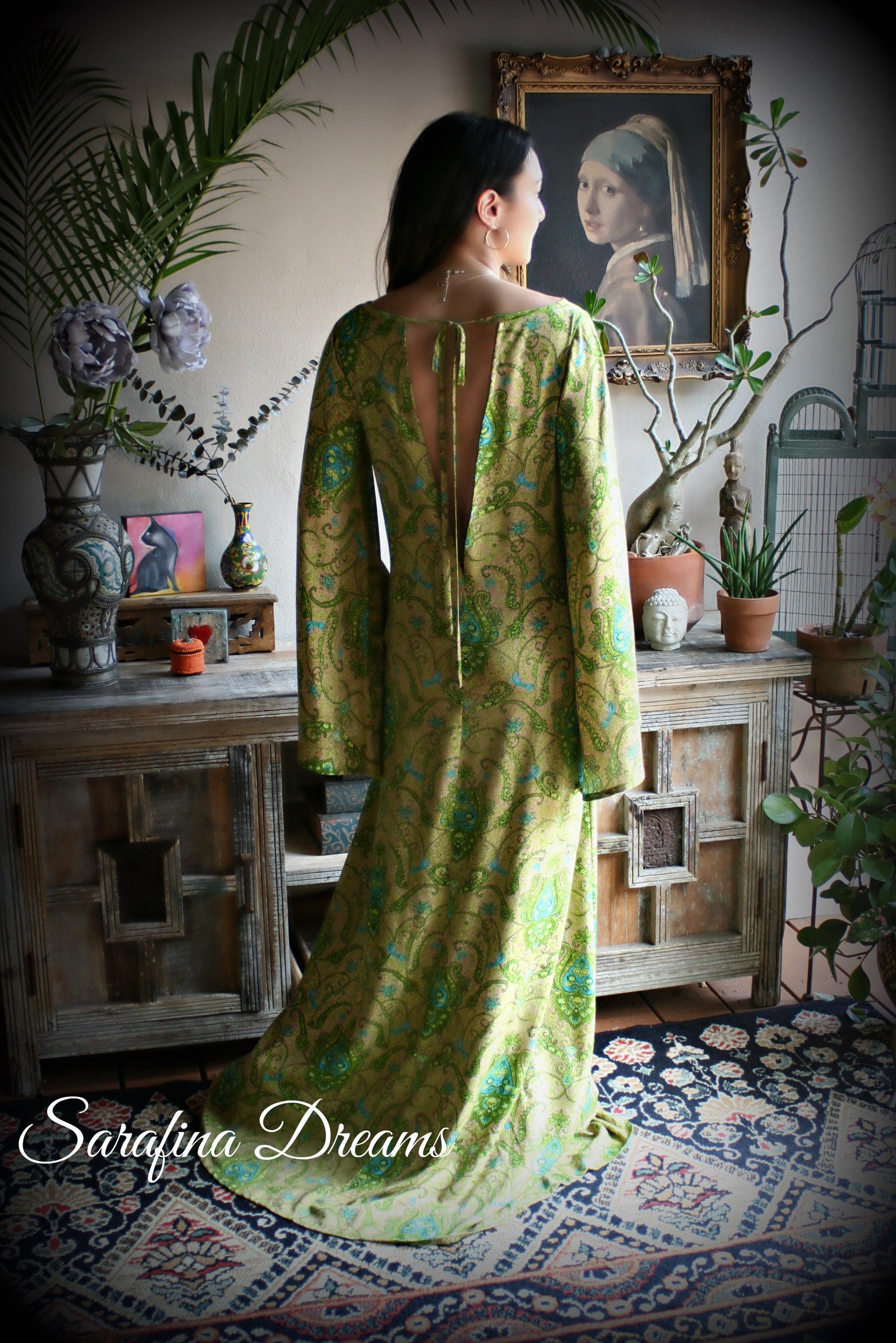 Rayon Nightgown Green Bohemian Print Caftan Sleepwear Backless Dress Nightgown Bridal Nightgown Lingerie Bridal Lingerie