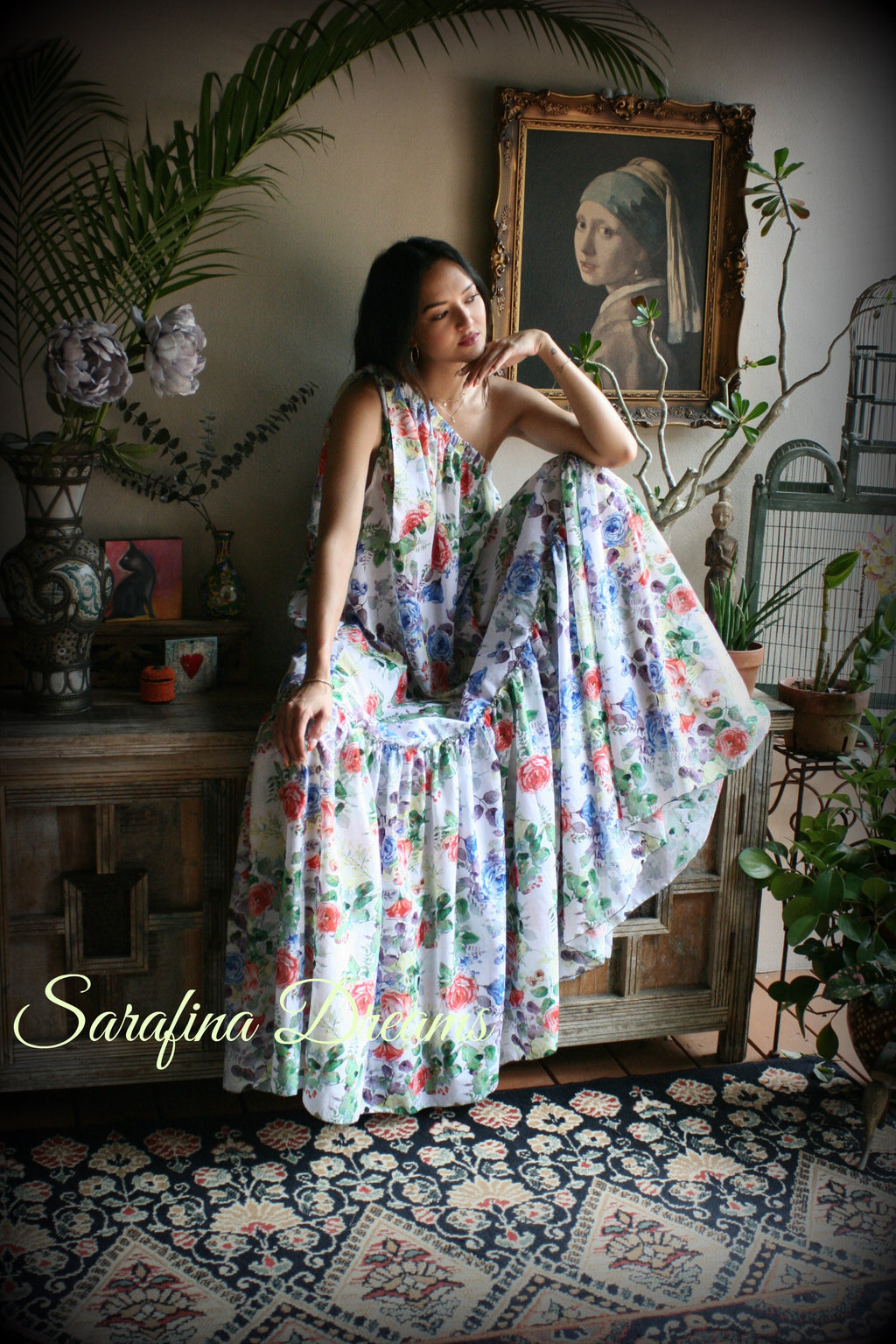 100% Cotton Flower Print One Shoulder Dress Nightgown Sleepwear Honeymoon Cruise Dress Holiday Dress Lingerie