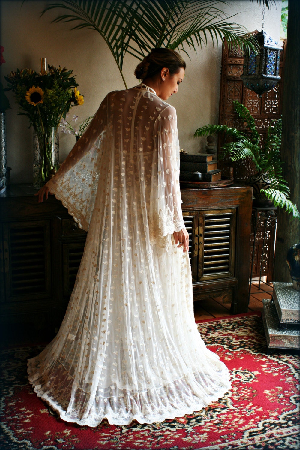 Bridal Robe Embroidered French Lace Wrap Robe Angel Sleeve Wedding Lingerie Bridal Sleepwear Ivory Lace Dressing Gown