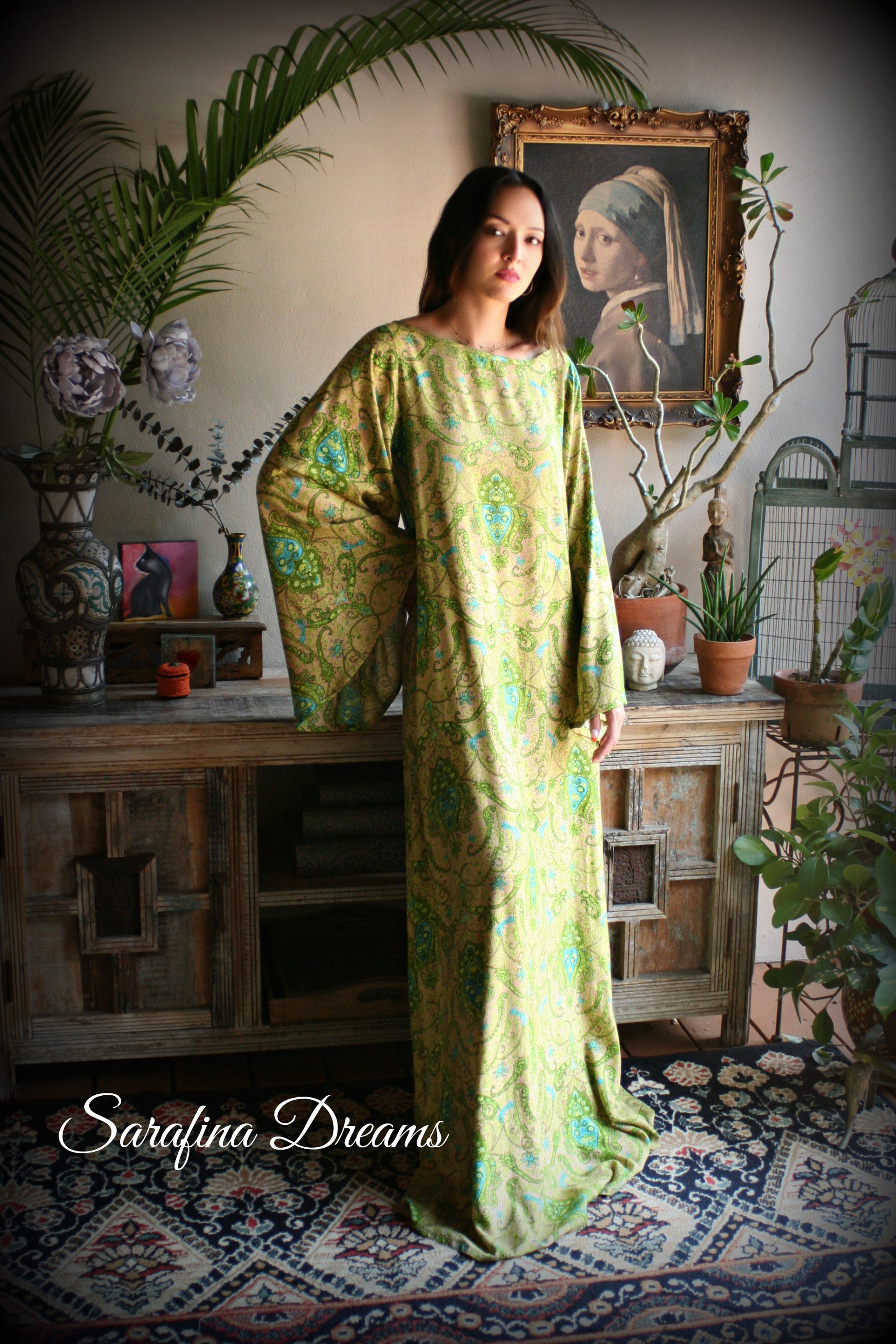 Rayon Nightgown Green Bohemian Print Caftan Sleepwear Backless Dress Nightgown Bridal Nightgown Lingerie Bridal Lingerie