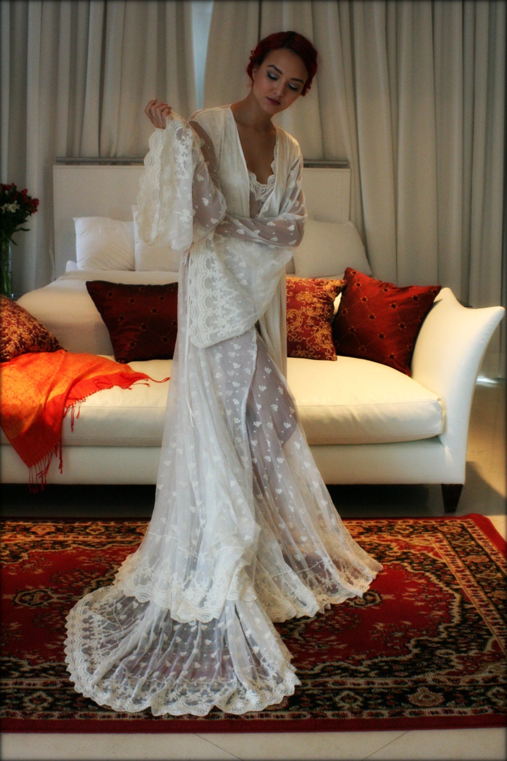 Embroidered Lace Bridal Robe French Lace Wedding Robe Bridal Lingerie Wedding Sleepwear Art Deco Lace Robe Wedding Trousseau Honeymoon Robe