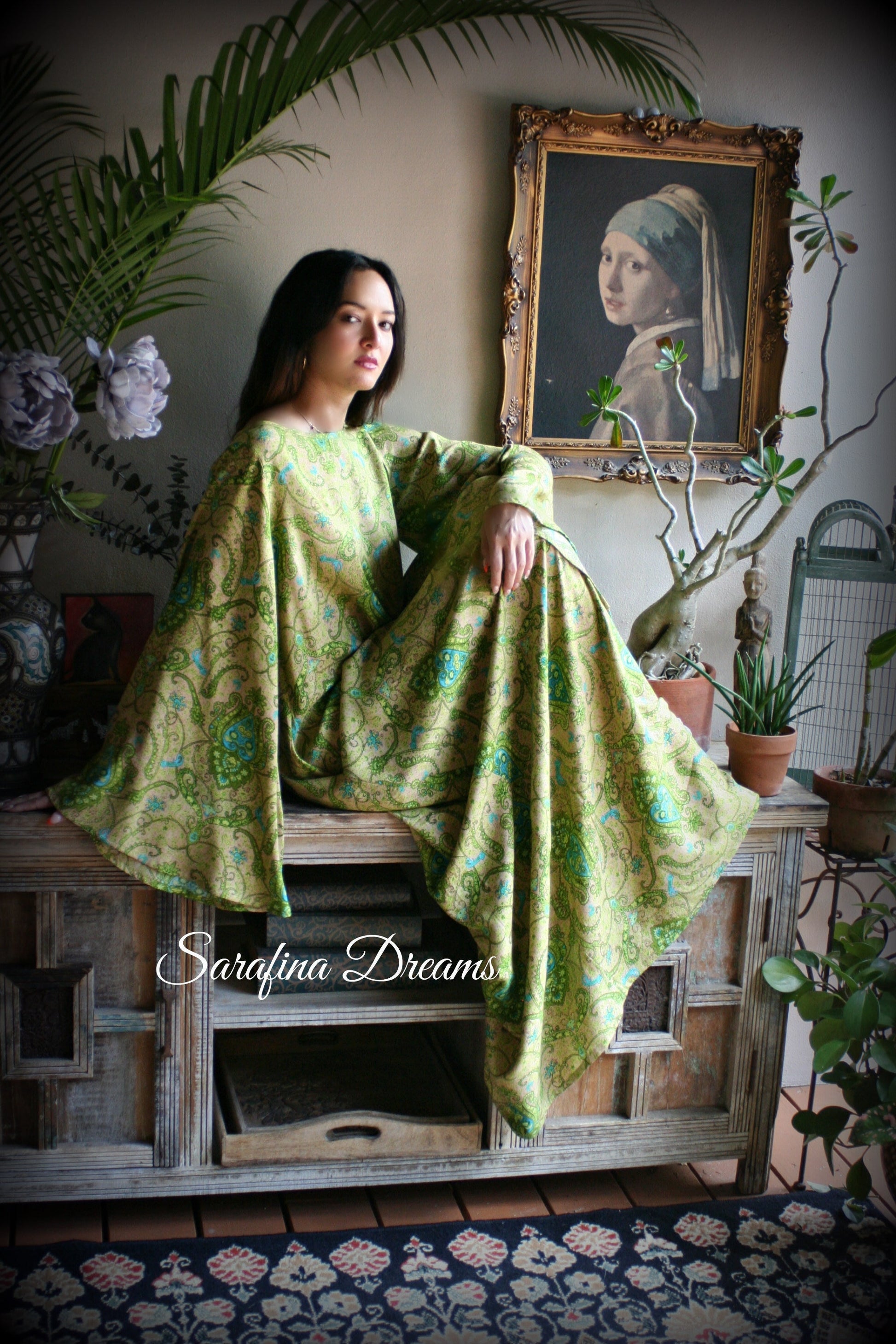 Rayon Nightgown Green Bohemian Print Caftan Sleepwear Backless Dress Nightgown Bridal Nightgown Lingerie Bridal Lingerie