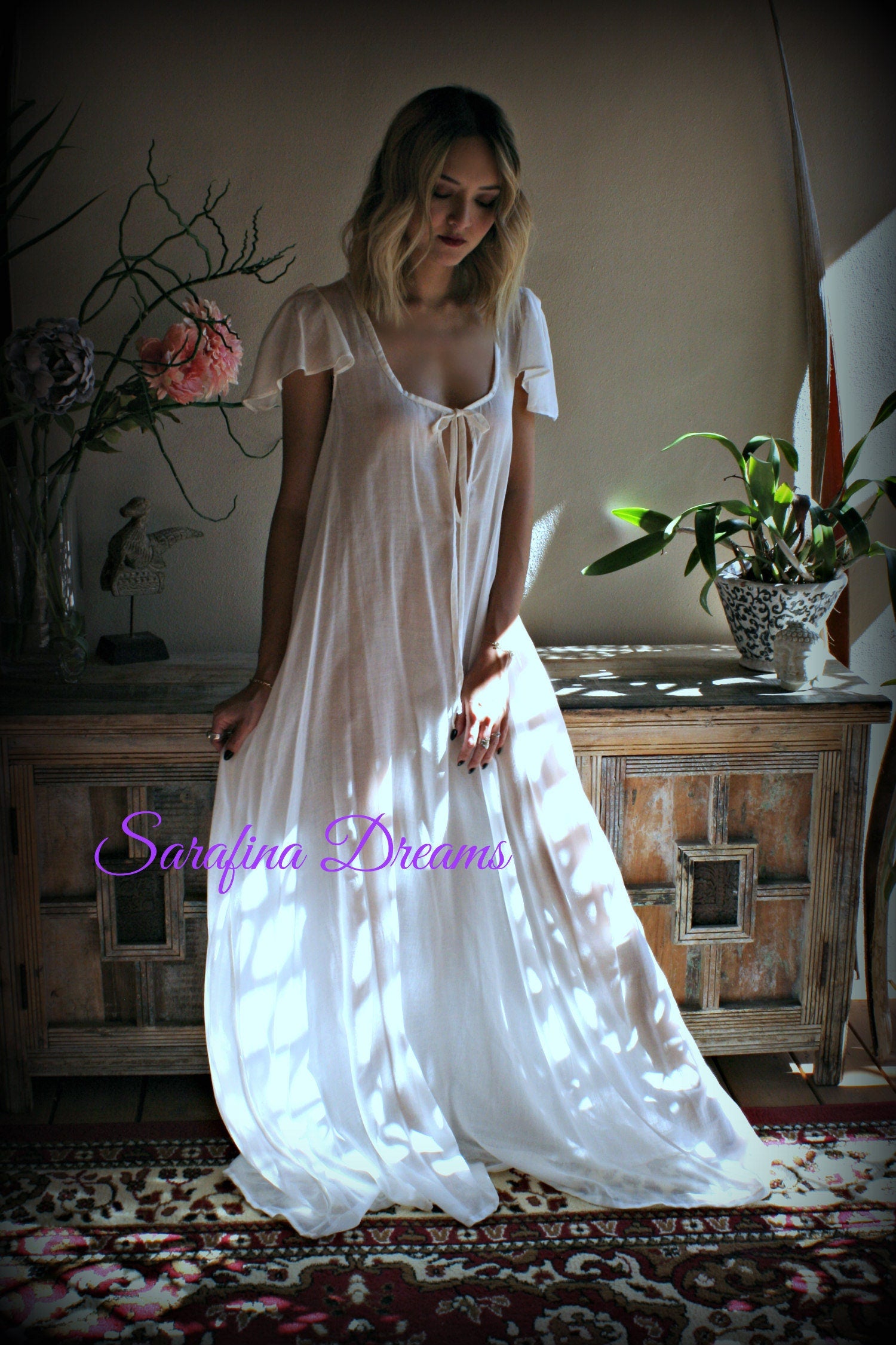 100% Cotton Nightgown Flutter Sleeve Tie Open Bodice  Lingerie Sleepwear White Nightgown Cotton Lingerie Honeymoon Cotton Sleepwear