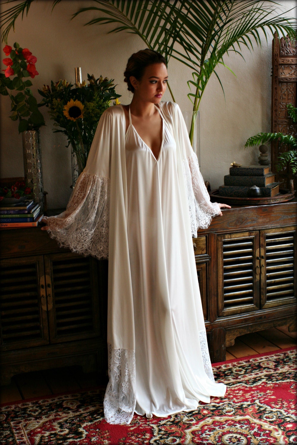 Satin Bridal Robe Lace Trimmed Angel Sleeve Wedding Sleepwear Bridal Lingerie Wedding Kimono Robe Satin Lingerie Wedding Robe