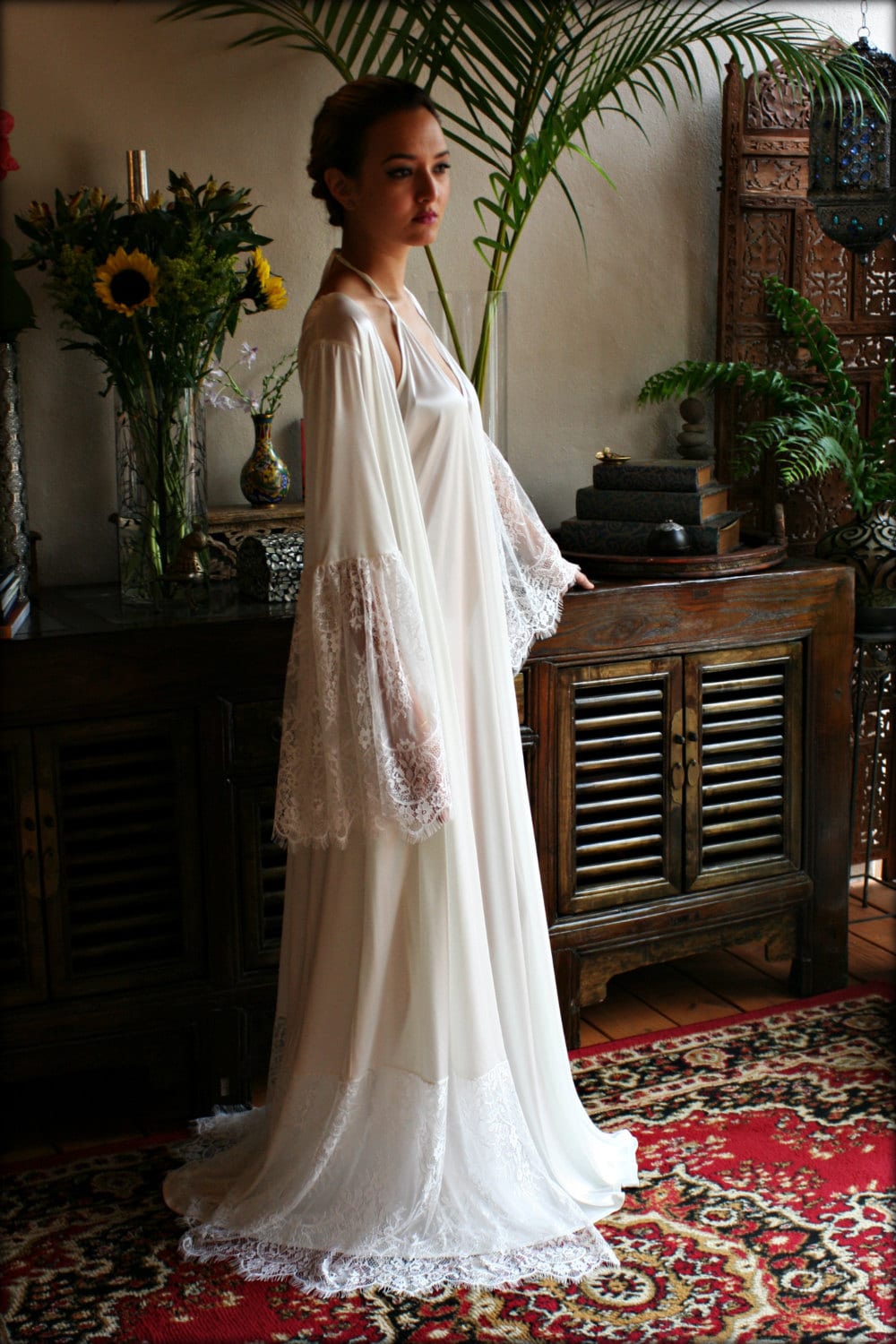 Satin Bridal Robe Lace Trimmed Angel Sleeve Wedding Sleepwear Bridal Lingerie Wedding Kimono Robe Satin Lingerie Wedding Robe