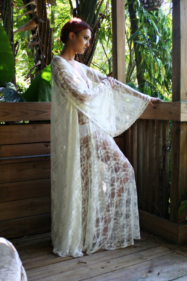 Bridal Robe Wedding Lingerie White Lace Robe Bridal Sleepwear Angel Sleeve Boudoir Trousseau Sarafina Dreams Bridal