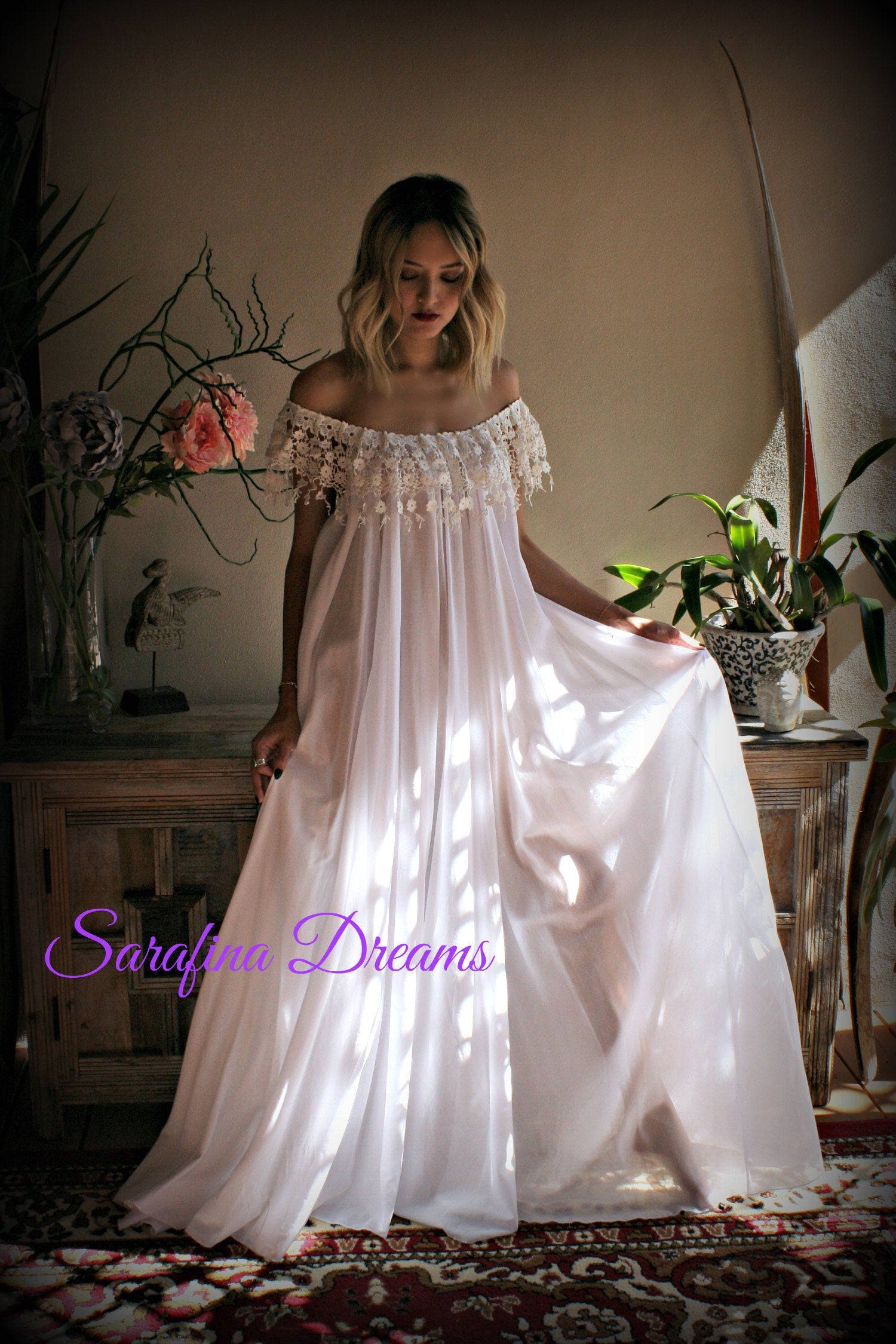 Cotton Nightgown  White Cotton Sleepwear Honeymoon Cotton Lingerie Bridal Lingerie Venice  Lace Nightgown Wedding Nightgown