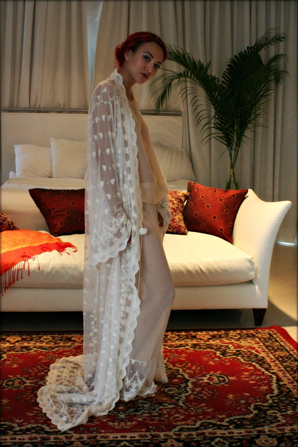 Embroidered Lace Bridal Robe French Lace Wedding Robe Bridal Lingerie Wedding Sleepwear Art Deco Lace Robe Wedding Trousseau Honeymoon Robe