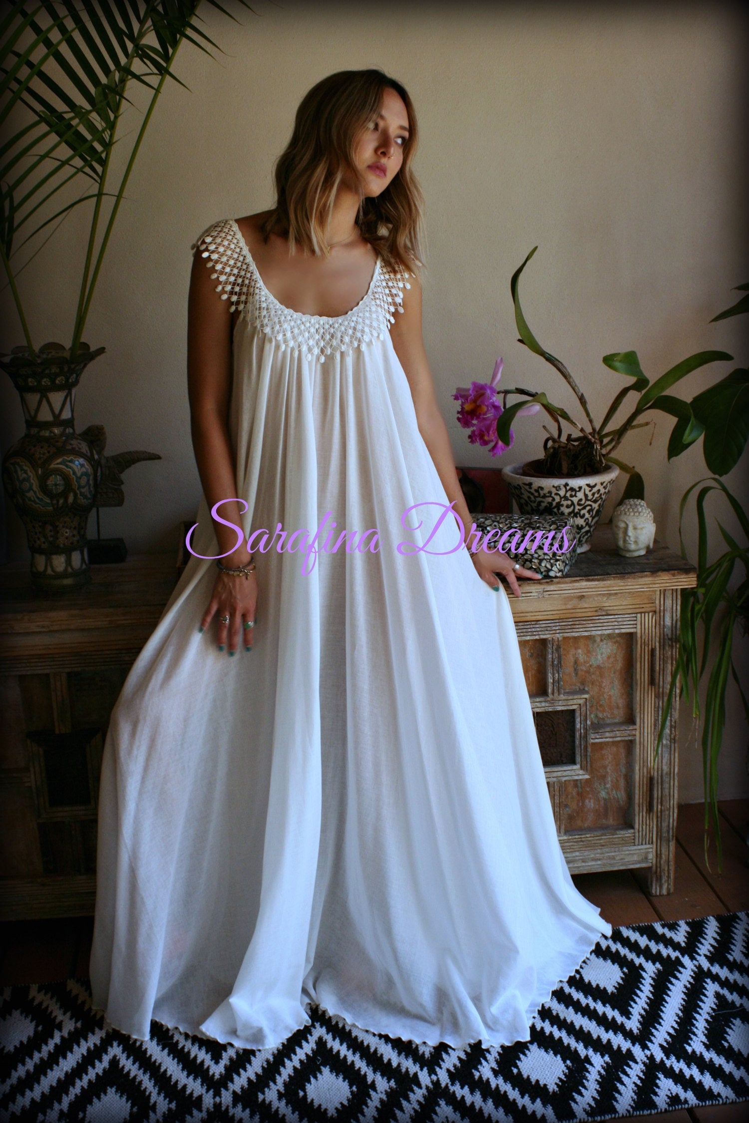 Cotton Nightgown White Cotton Sleepwear Honeymoon Cotton Lingerie Bridal Lingerie Venice  Lace Nightgown Wedding Nightgown