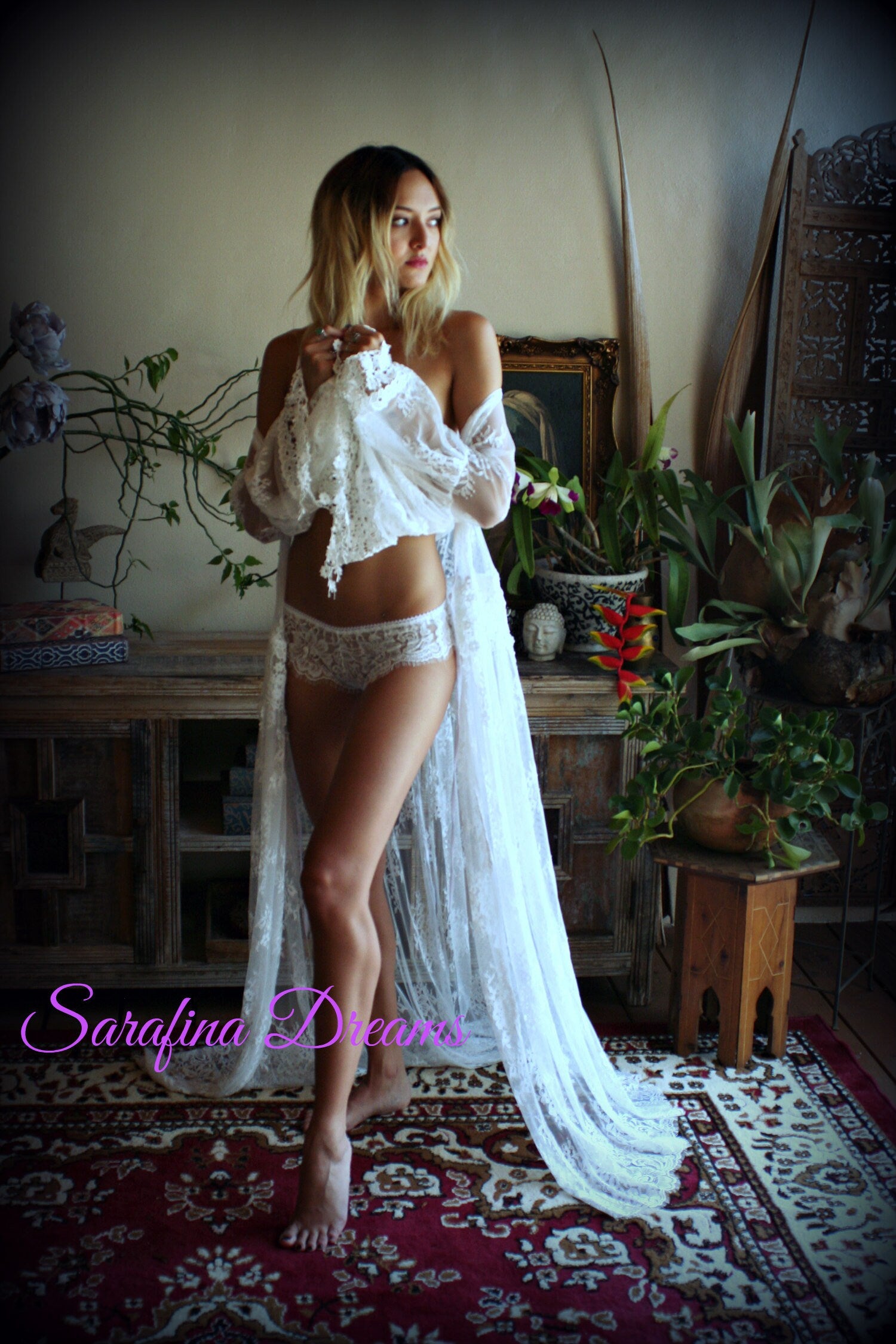 Bridal Lace Backless Robe With Panties Wedding Sleepwear Bridal Lingerie  Off White Lace Lingerie Lace Lingerie Honeymoon Lingerie