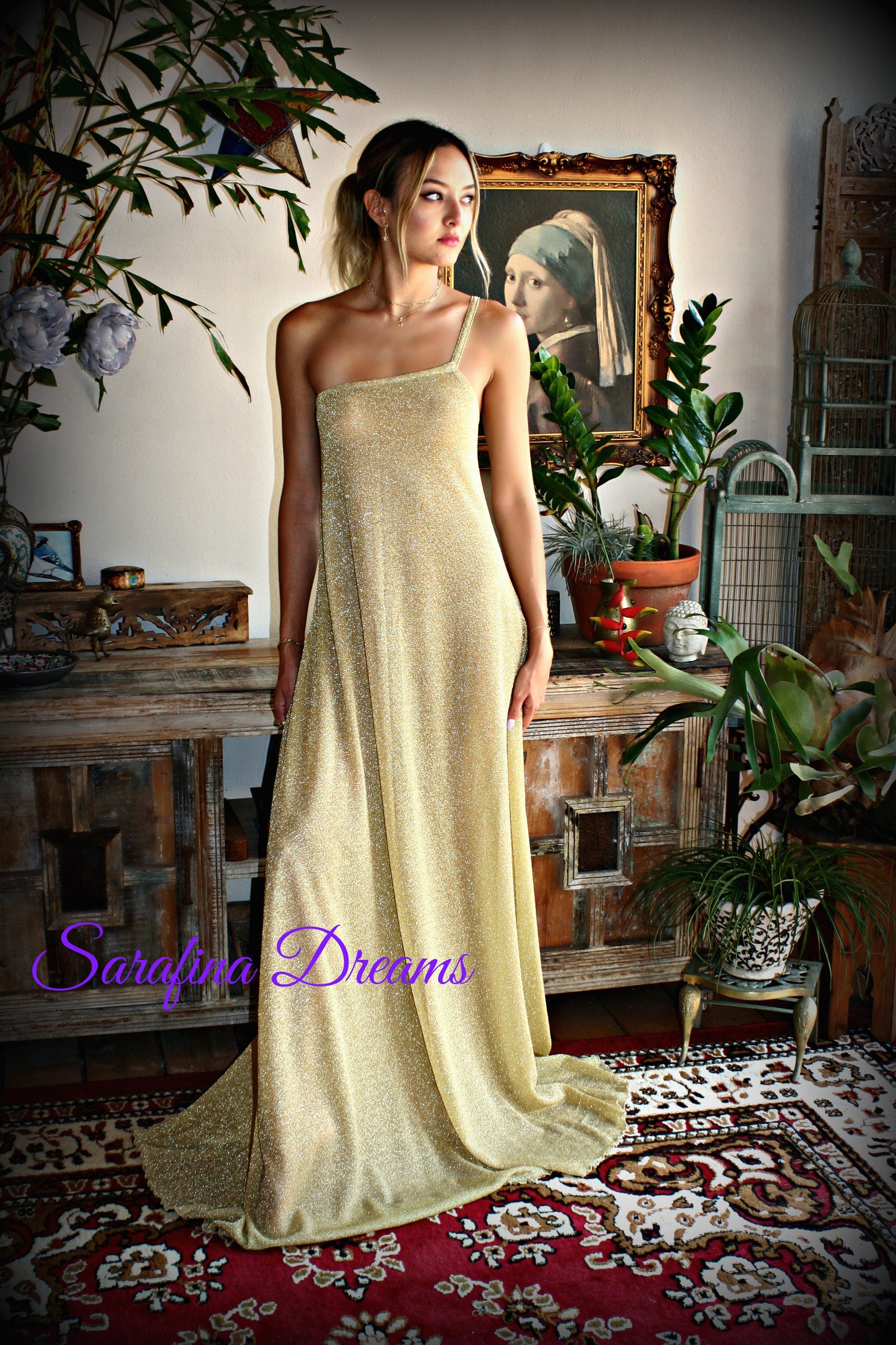 Gold Lame' One Shoulder Nightgown Gold Knit Sleepwear Off Shoulder Lingerie Bridal Sleepwear Bridal Lingerie