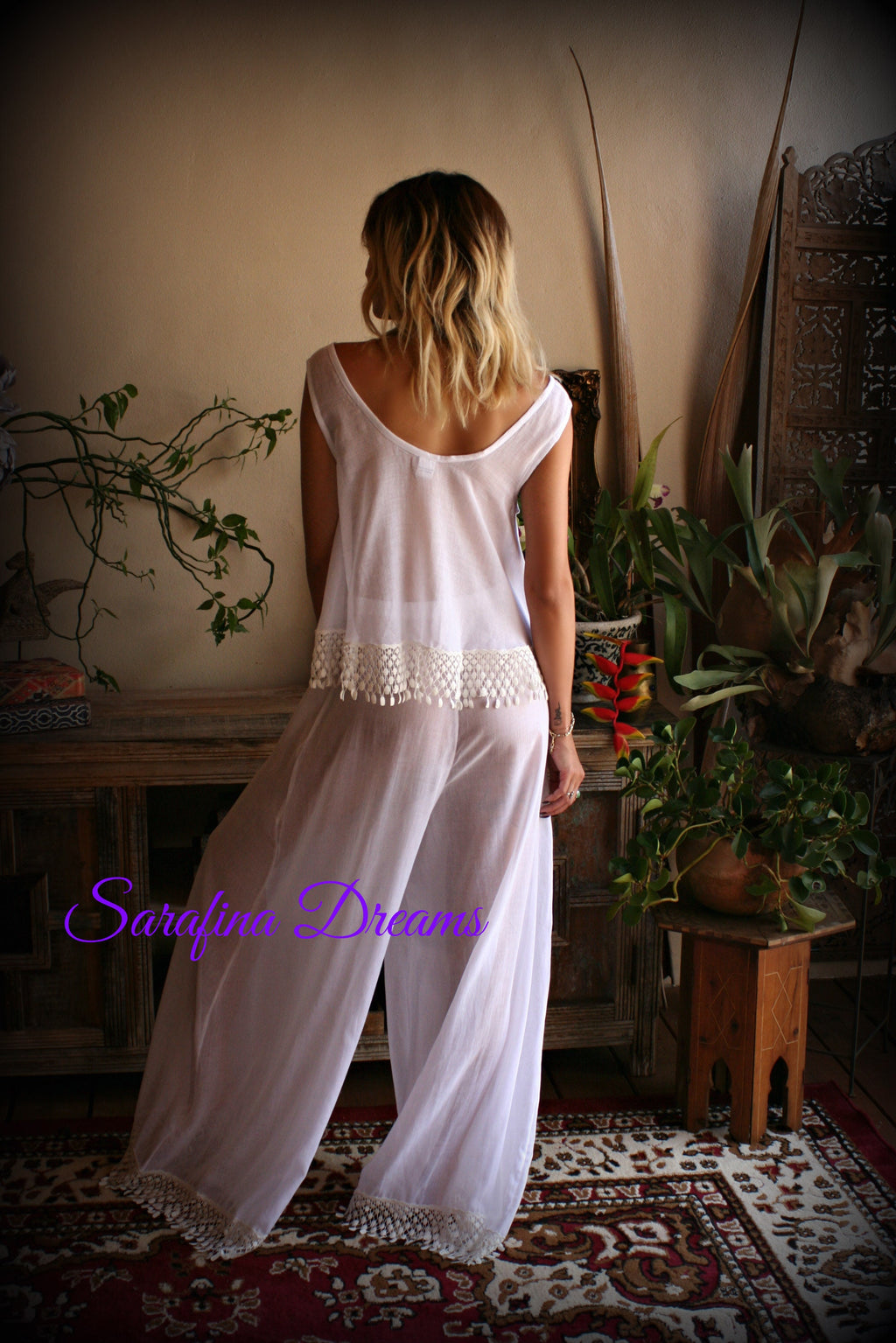 Cotton Pajama Palazzo Pant Venice Lace Swing Top Bridal Honeymoon Wedding Lingerie Bridal Lingerie Cotton Lingerie White Cotton