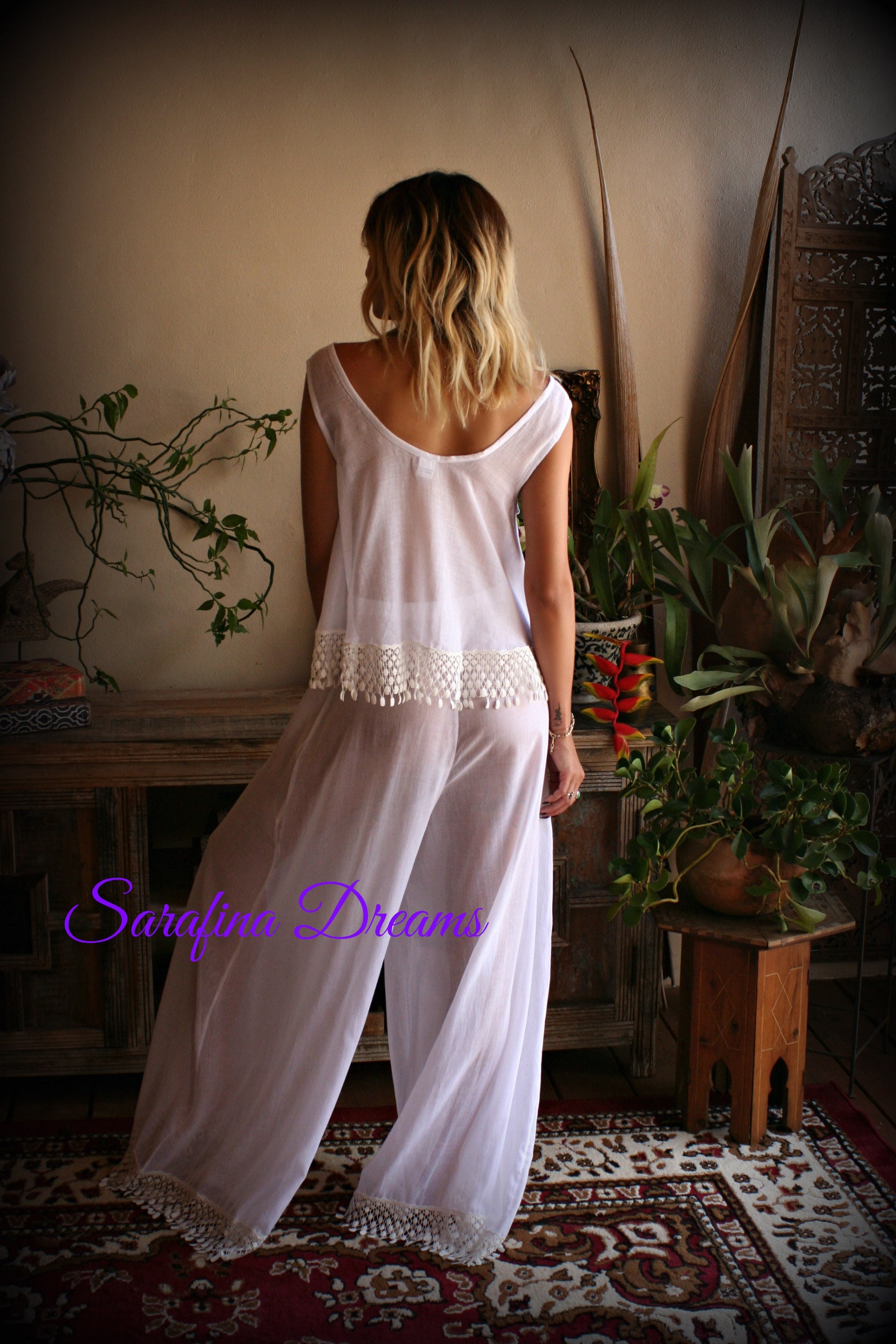 Cotton Pajama Palazzo Pant Venice Lace Swing Top Bridal Honeymoon Wedding Lingerie Bridal Lingerie Cotton Lingerie White Cotton