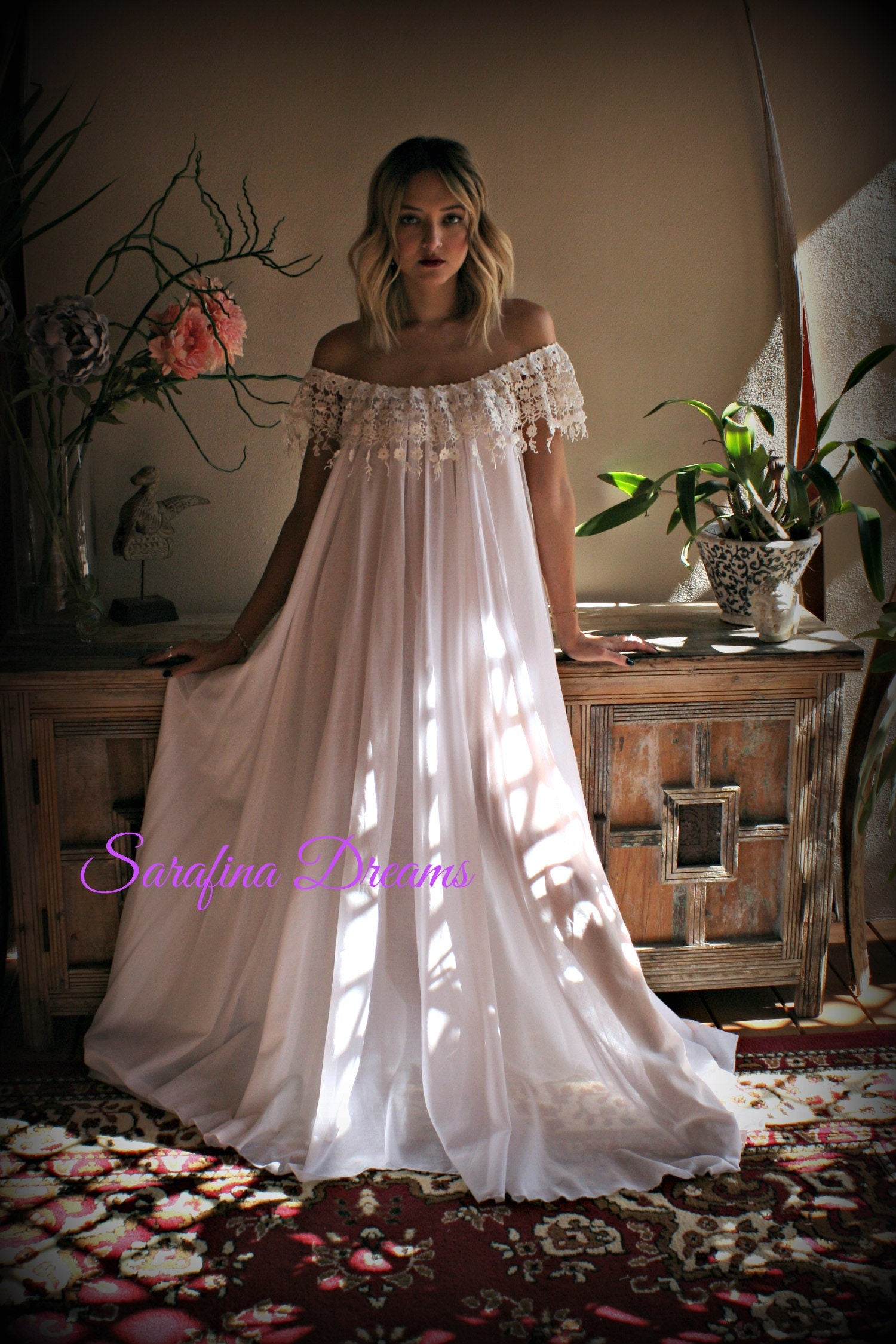 Cotton Nightgown  White Cotton Sleepwear Honeymoon Cotton Lingerie Bridal Lingerie Venice  Lace Nightgown Wedding Nightgown