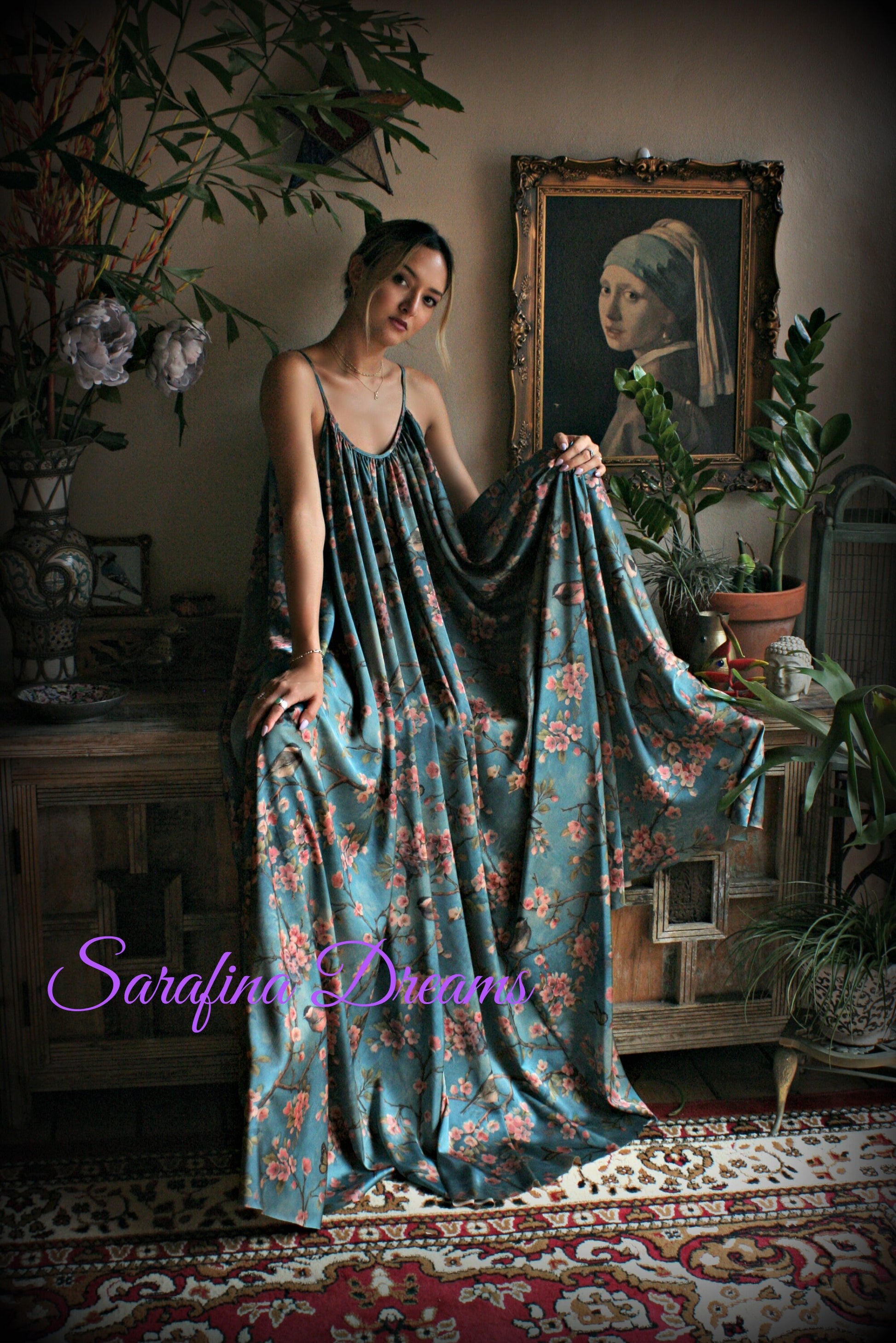 Satin Bridal Nightgown Bird Print Bohemian Chic Satin Lingerie Satin Bridal Honeymoon Sleepwear Blue Satin Nightgown Bridal Lingerie