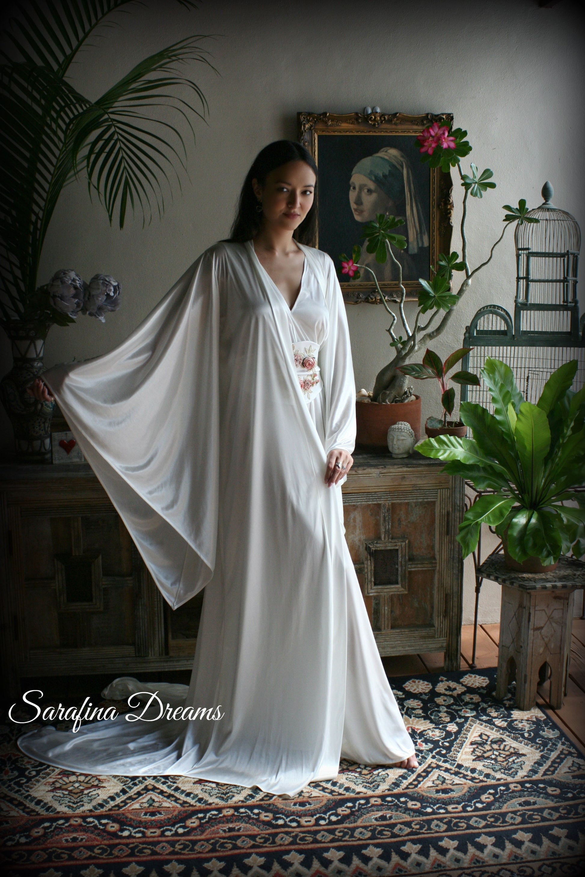 Satin Bridal Robe Angel Wing Sleeve Bridal Lingerie Wedding Sleepwear Bridal Satin Kimono Robe Wedding Apparel Bridal Kimono