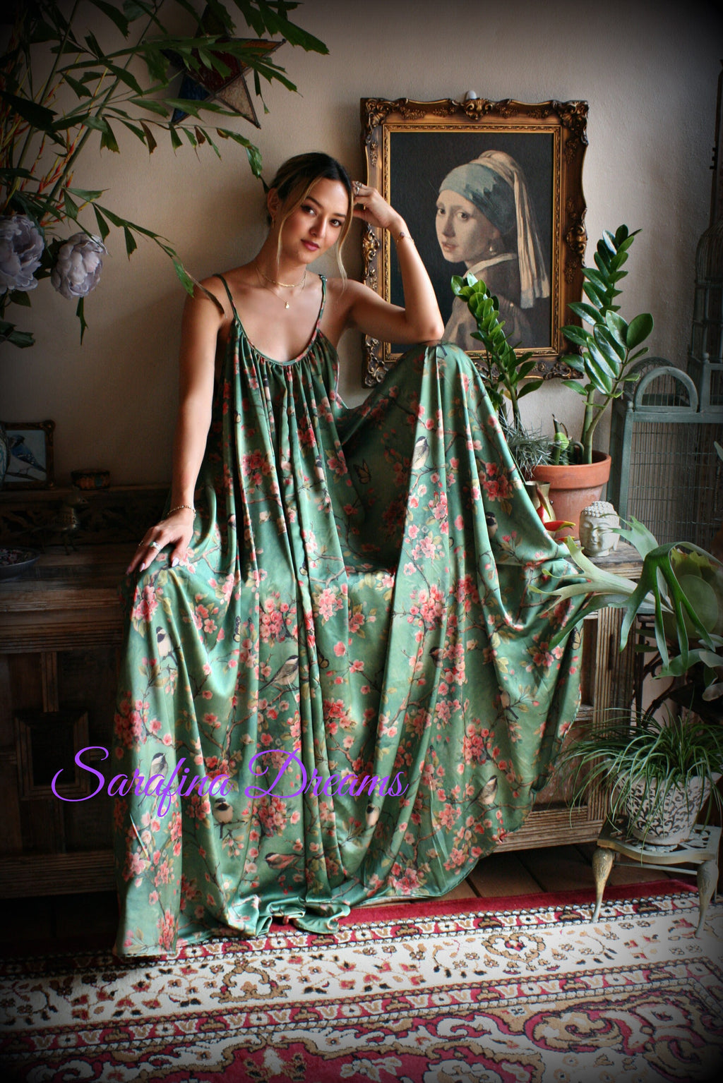 Satin Bridal Nightgown Bird Print Bohemian Chic Satin Lingerie Satin Bridal Honeymoon Sleepwear Green Satin Nightgown Bridal Lingerie