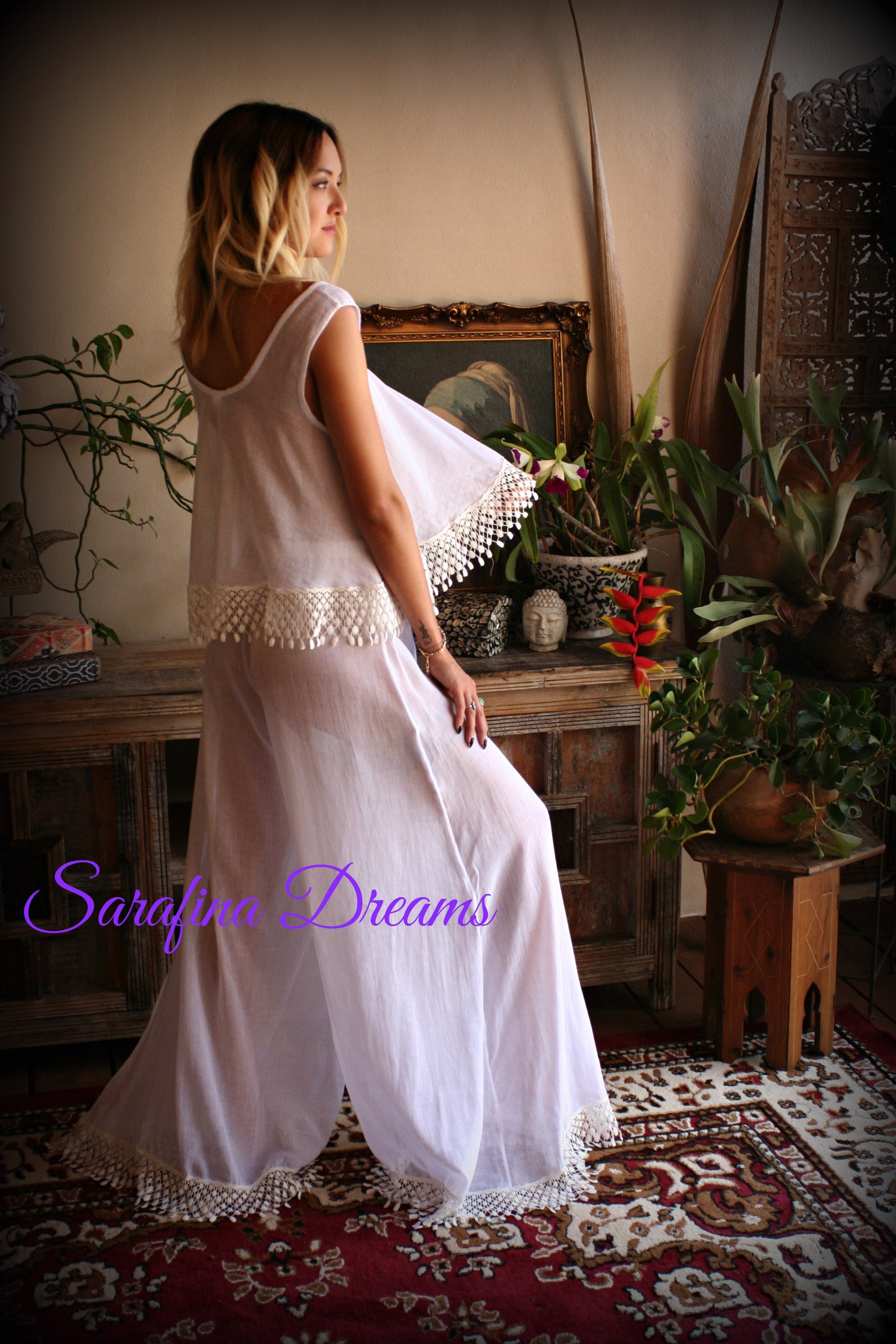 Cotton Pajama Palazzo Pant Venice Lace Swing Top Bridal Honeymoon Wedding Lingerie Bridal Lingerie Cotton Lingerie White Cotton