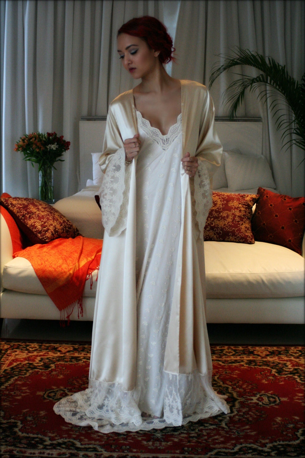 Fiona Champagne Satin Bridal Wedding Robe Bridal Lingerie Wedding Sleepwear Embroidered French Lace Robe Art Deco Luxury Lingerie
