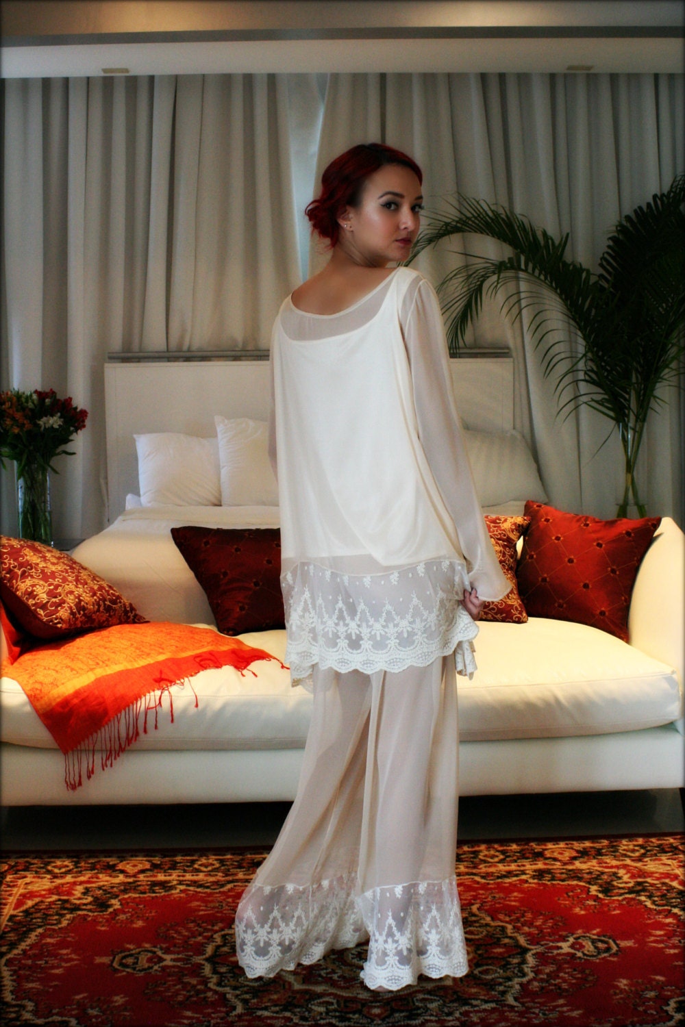 Silk Pajamas Champagne Chiffon Ella 3 Pc Set Bridal Lingerie Wedding Pajamas Wedding Sleepwear Versailles French Lace Lingerie Satin Cami