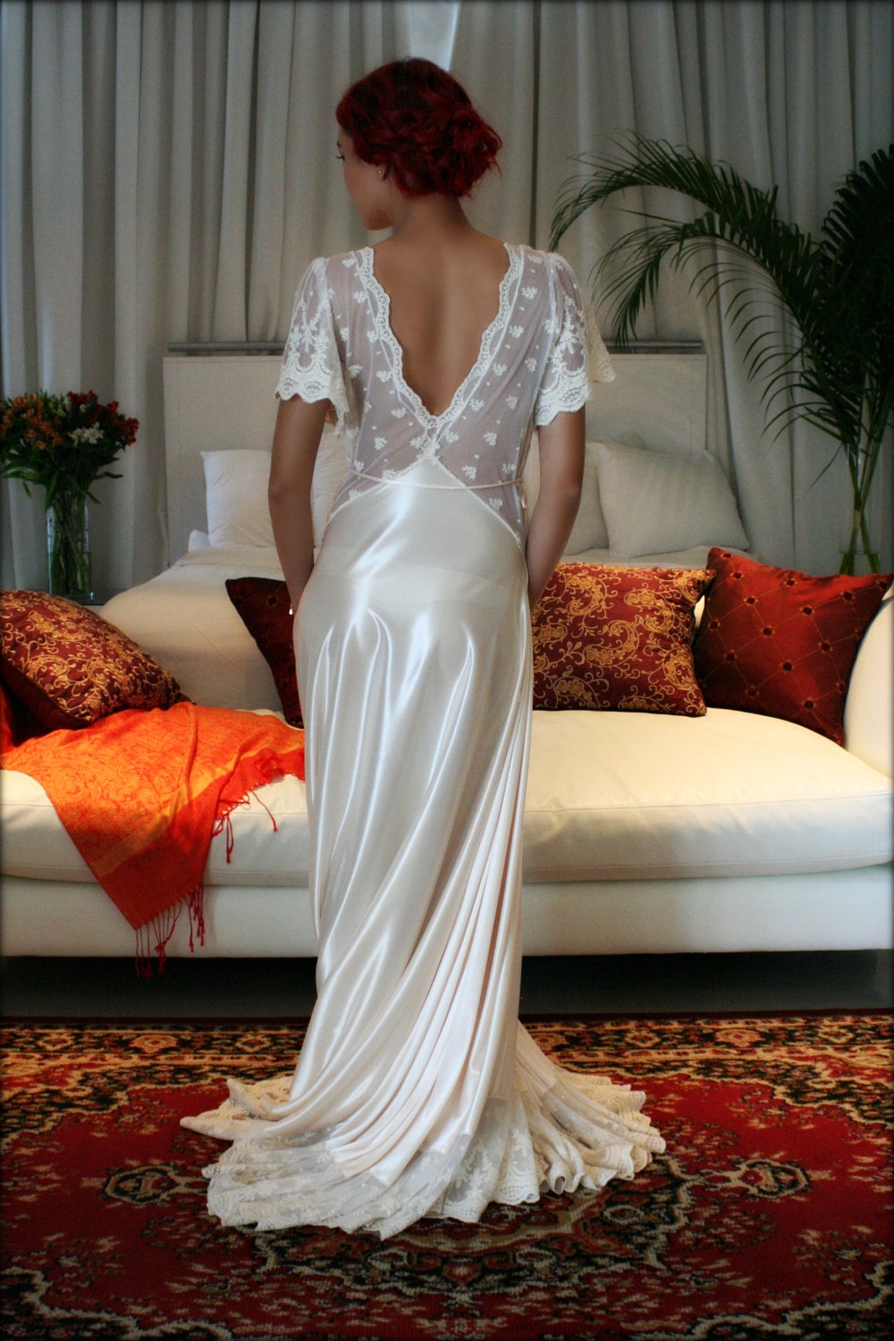 Bridal Nightgown Amelia Satin Embroidered Lace Wedding Lingerie Bridal Sleepwear Champagne Satin Bridal Gown Trousseau Sleepwear Honeymoon